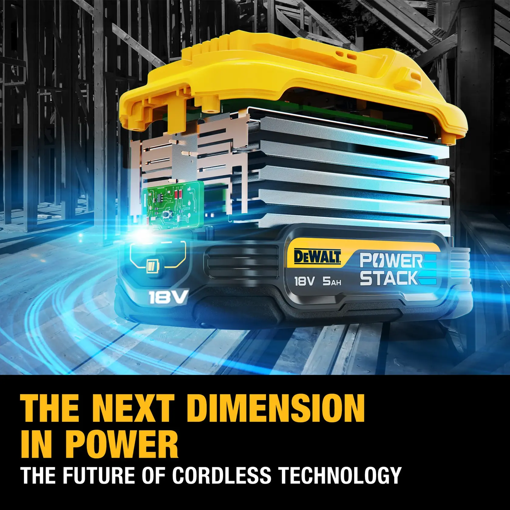 DEWALT 18V XR Powerstack battery, 5Ah capacity, yellow and black, shown on white background.