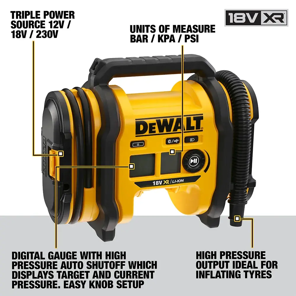 Eine Person mit Sicherheitshelm und Warnweste verwendet einen DEWALT DCC018N Akku-Kompressor, um den Reifen eines großen Baustellenfahrzeugs auf einer Baustelle aufzupumpen.