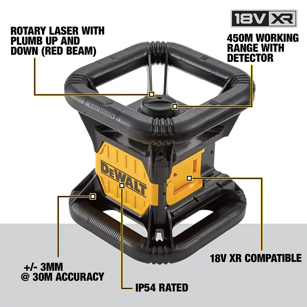 DEWALT rotary laser, IP54 rated, 18V XR, ±3mm @30m, 450m range, plumb up/down, red beam, construction tool.