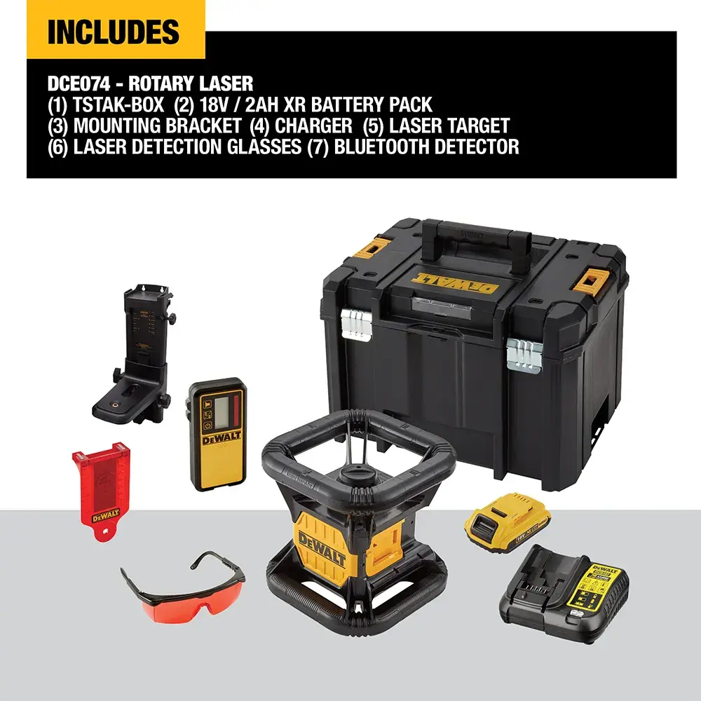 DEWALT rotary laser kit with case, battery, charger, brackets, laser target, glasses, and Bluetooth detector.
