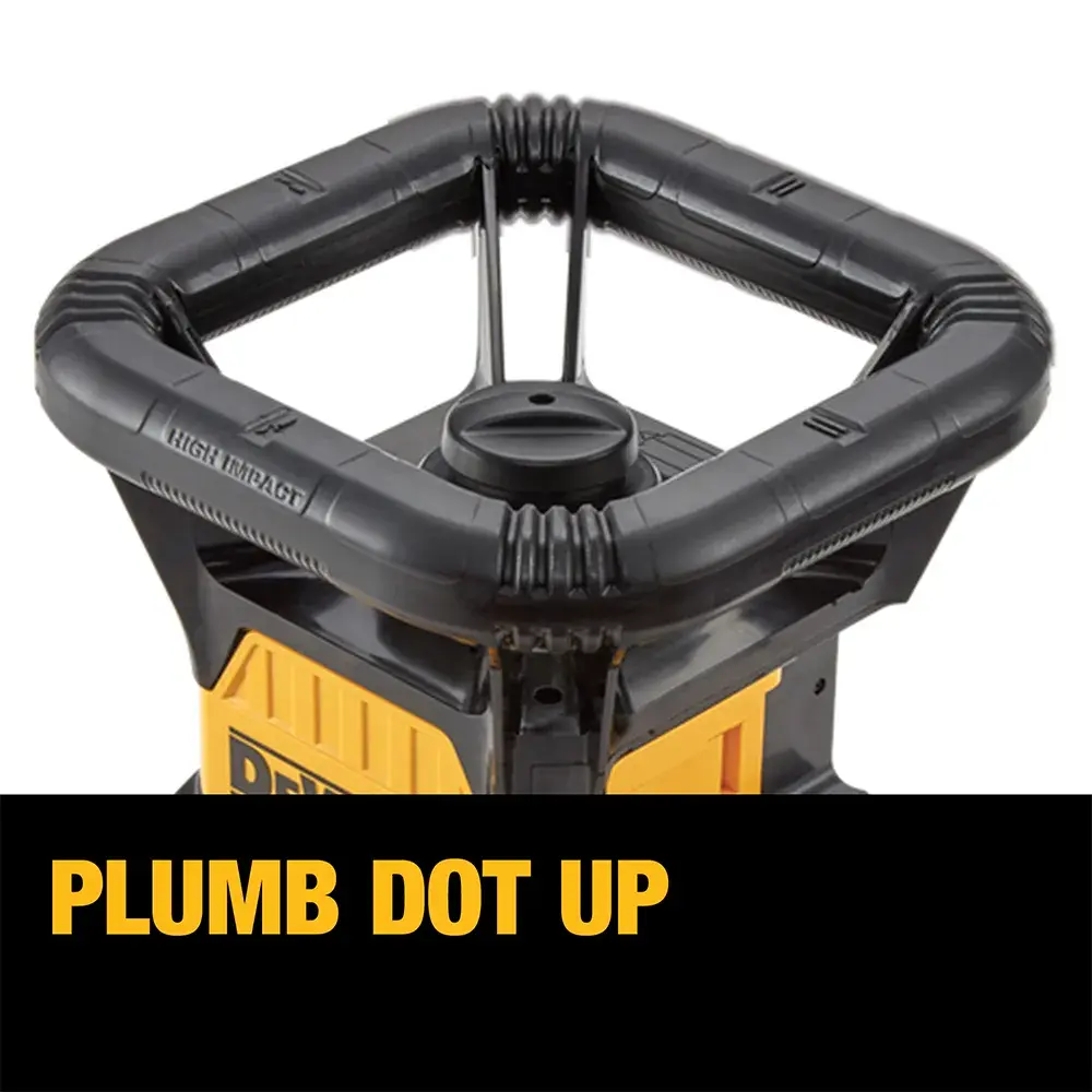 DEWALT DCE074D1R top view with text 'PLUMB DOT UP' showing a graphic of the tool's plumb dot function.