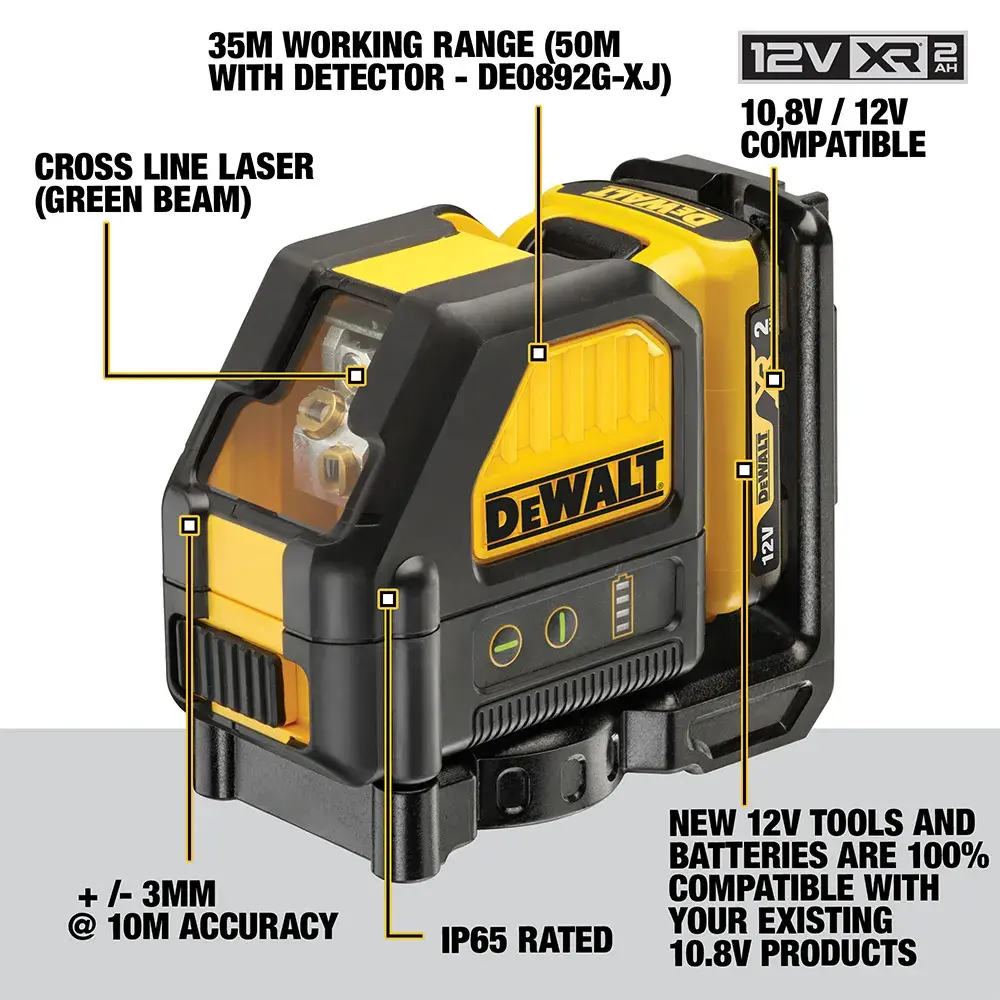 DEWALT cross line green laser, 12V, IP65 rated, 35m range, shown with battery. Features highlighted.