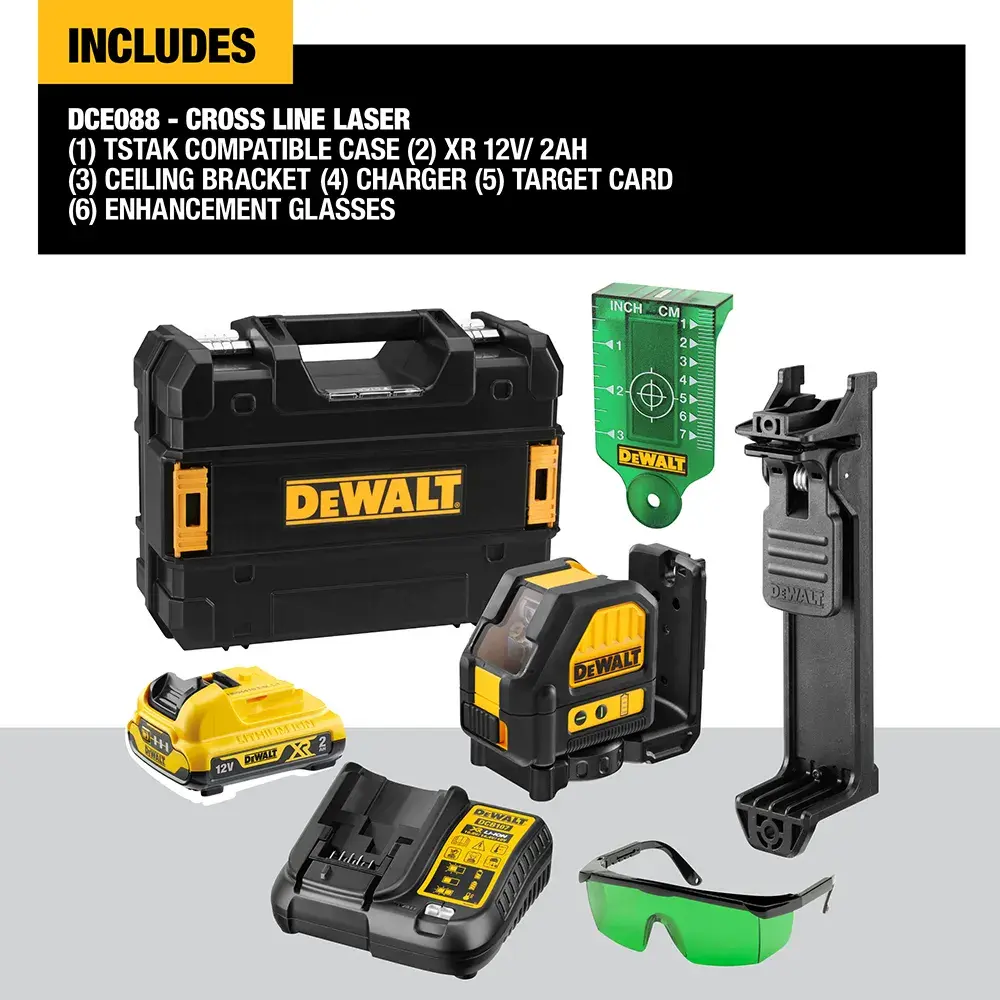 DEWALT DCE088D1G cross line laser kit with case, battery, charger, bracket, target card, and enhancement glasses.