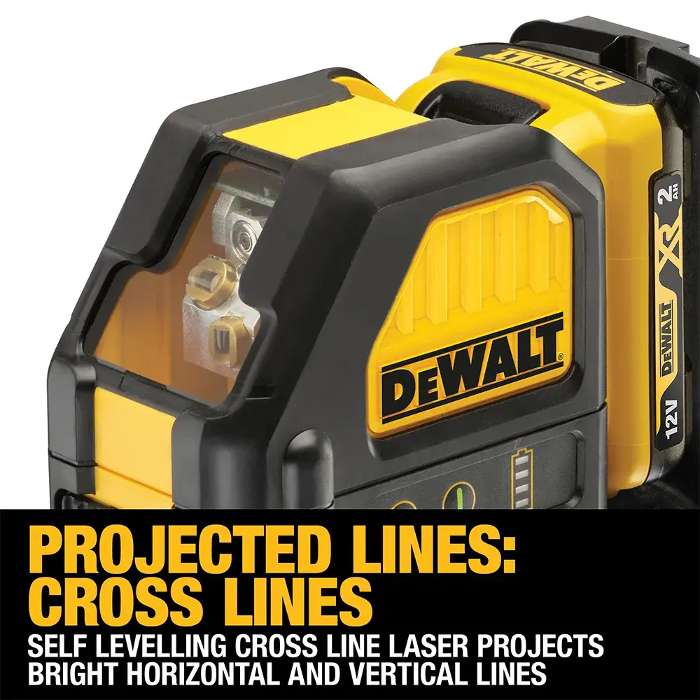 DEWALT cross line laser level tool with self-leveling. Projects bright horizontal and vertical lines.