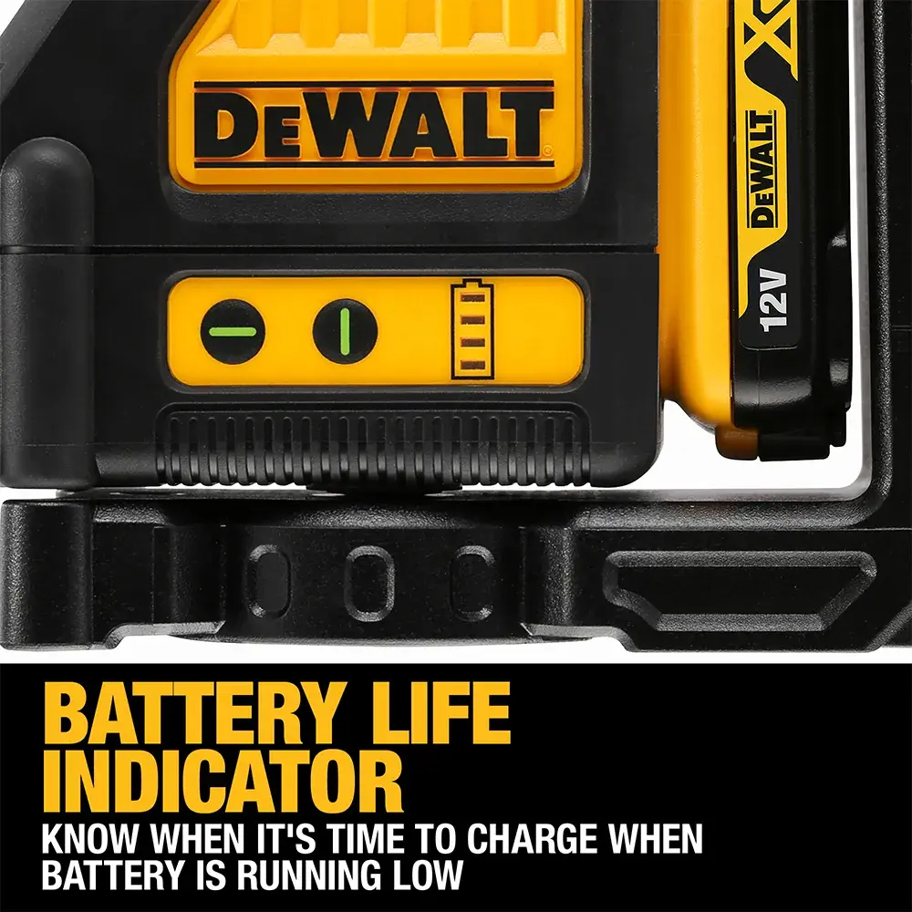 Close-up of DEWALT battery life indicator on power tool, showing when to recharge battery as it gets low.