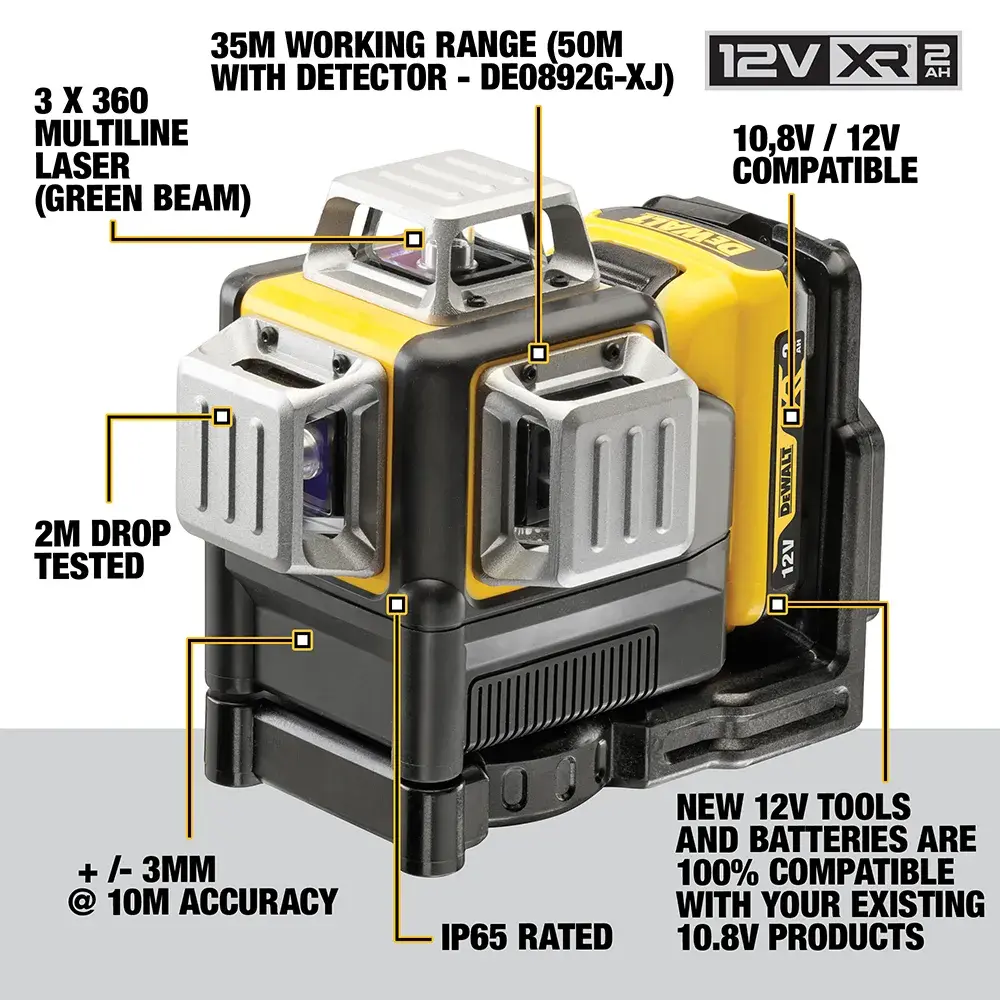 DEWALT DCE089D1G 12V multiline laser with green beam, IP65 rated, drop tested, 35m range, 10.8V/12V compatible.