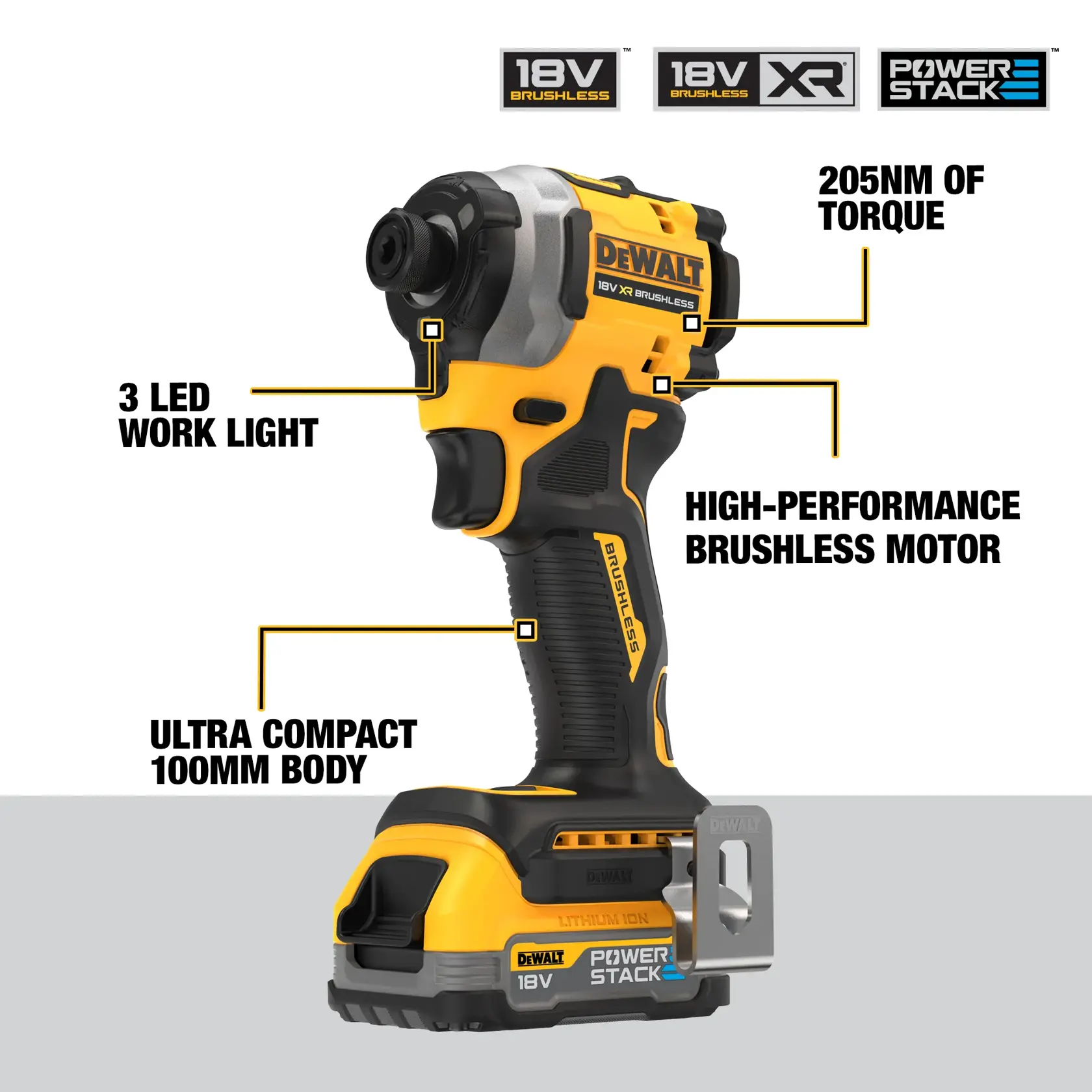 A DEWALT DCF850E2T 18V XR Brushless impact driver featuring Powerstack technology. The tool is yellow and black with a 3 LED work light, high-performance brushless motor, 205Nm of torque, and an ultra-compact 100mm body. Includes product branding and highlighted features.