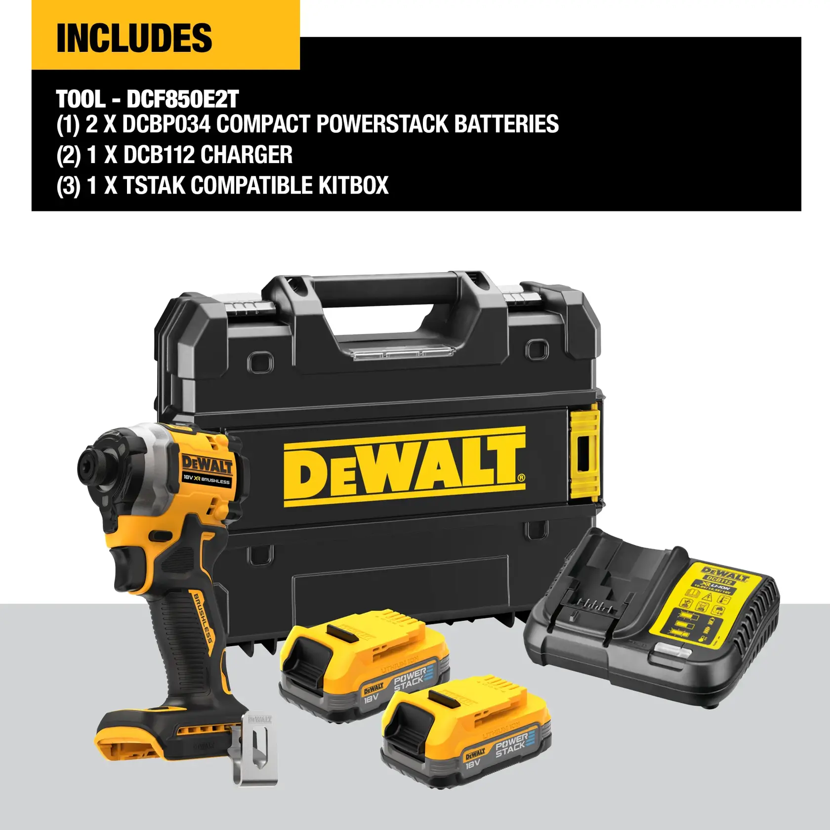 A DEWALT DCF850E2T tool kit is shown, including a cordless impact driver, two yellow and black 18V POWERSTACK compact batteries, a DCB112 charger, a belt clip, and a black DEWALT TSTAK compatible carrying case.