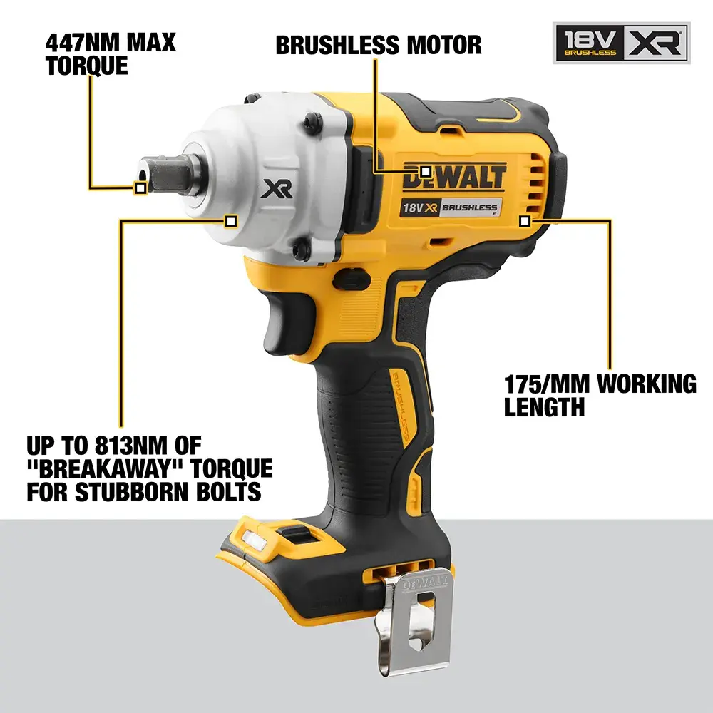 DEWALT DCF894NT 18V XR brushless impact wrench with 447Nm max torque and 175mm length.