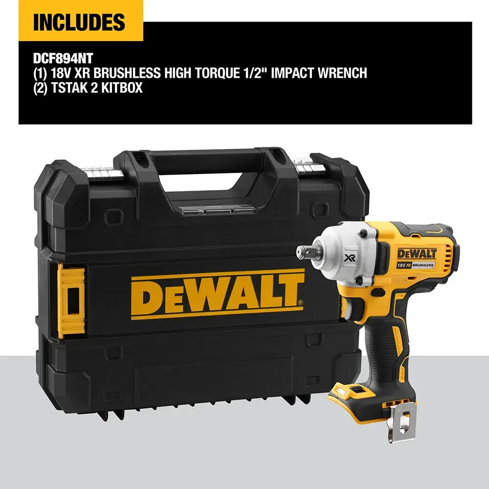 DEWALT DCF894NT 18V impact wrench with carrying case. Includes TSTAK 2 kitbox. Shown in black and yellow.