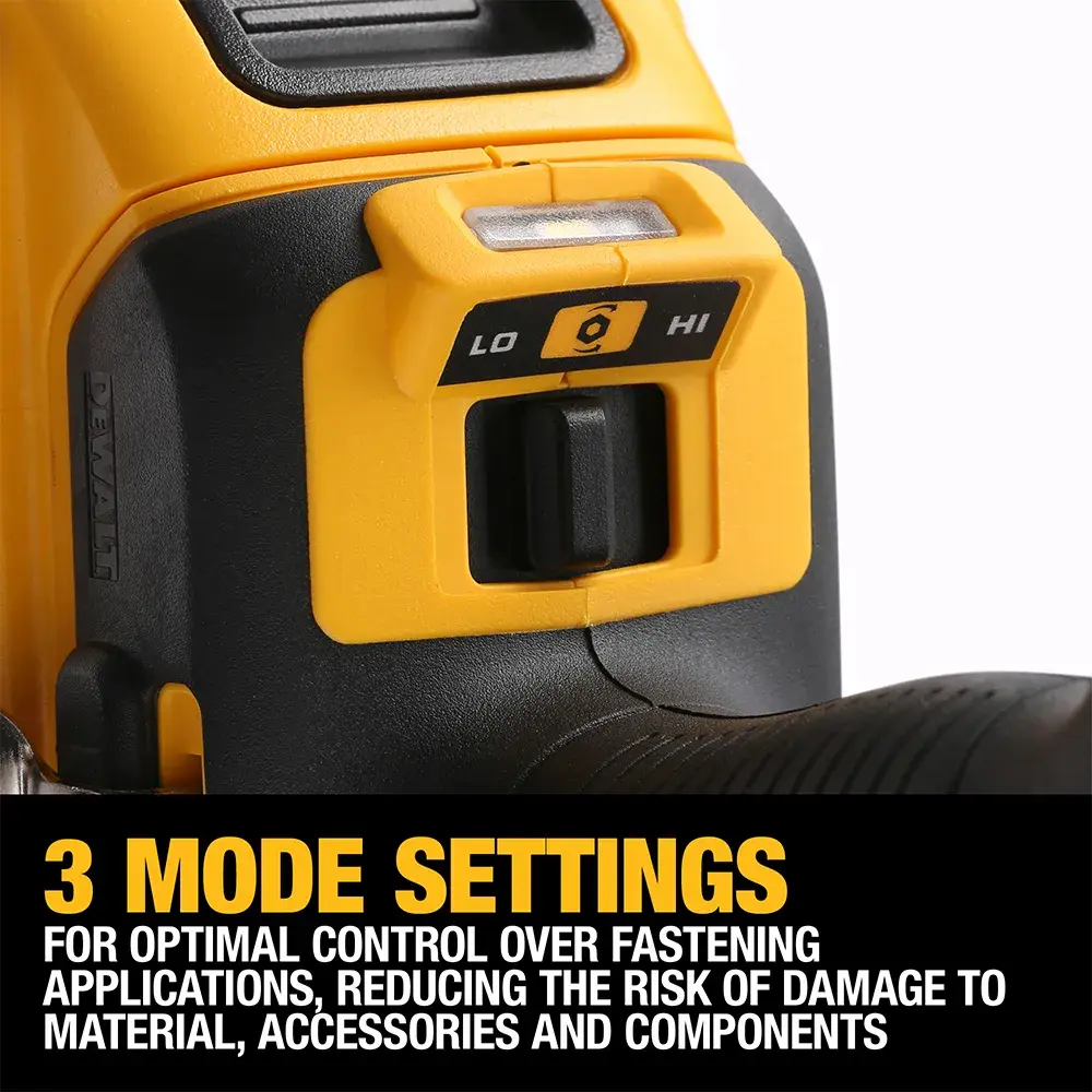 DEWALT tool close-up with 3 mode settings switch for optimal control and protection of materials.