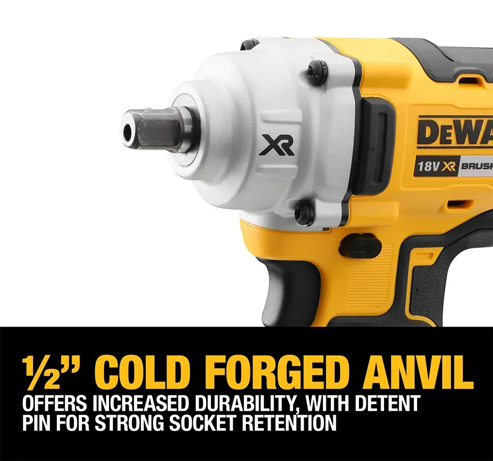 DEWALT impact wrench with a 1/2-inch cold forged anvil for durability and strong socket retention.