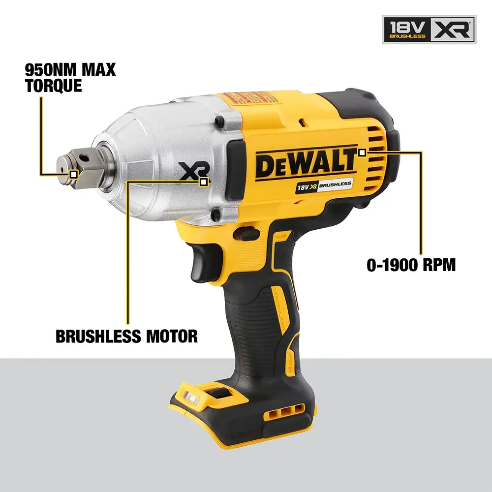 DEWALT 18V XR impact wrench with brushless motor, 950Nm torque, and 0-1900 RPM. Yellow and black design.
