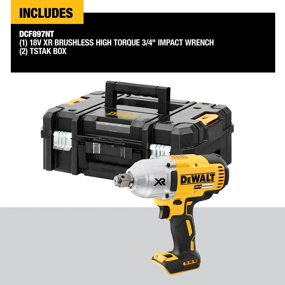 DEWALT 18V XR brushless 3/4'' impact wrench DCF897NT with TSTAK box shown on a white background.