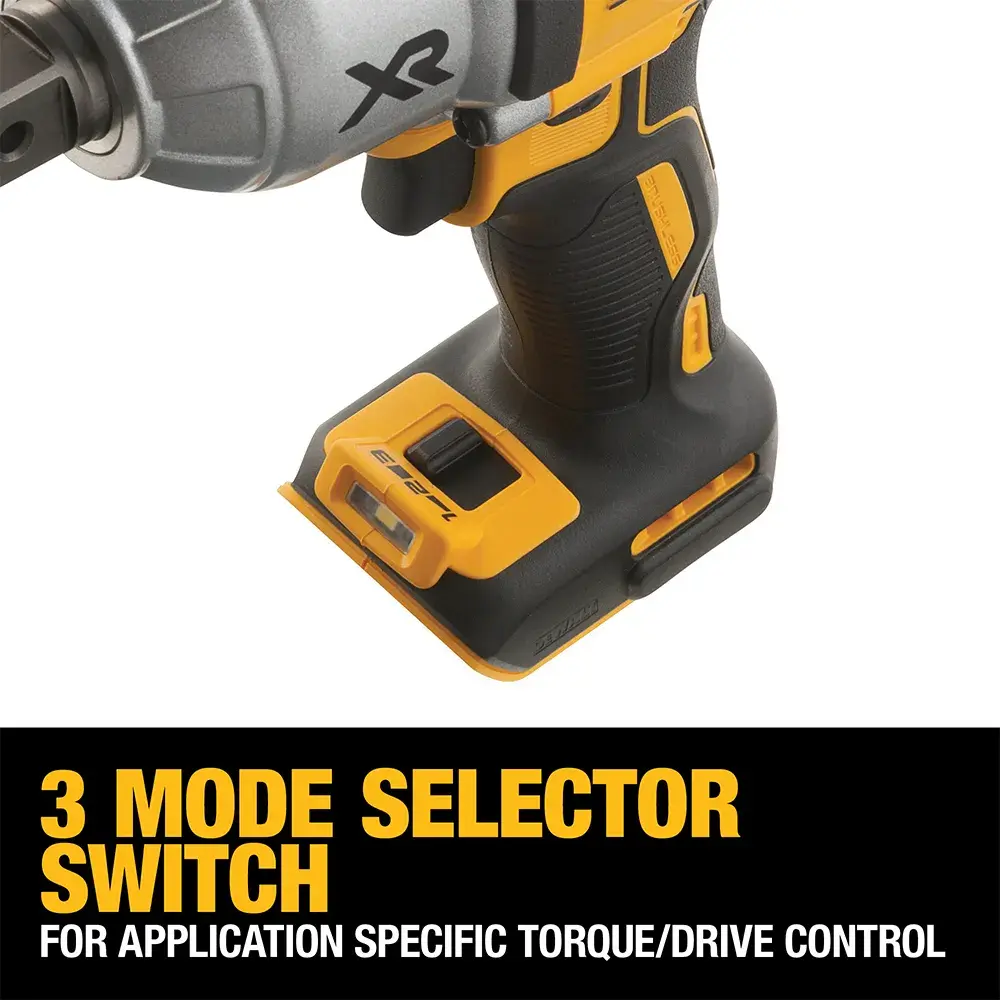 DEWALT impact wrench handle showing 3 mode selector switch for specific torque and drive control.