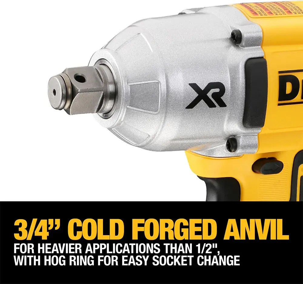 DEWALT impact wrench with 3/4-inch cold forged anvil and hog ring for easy socket change, shown in close up.