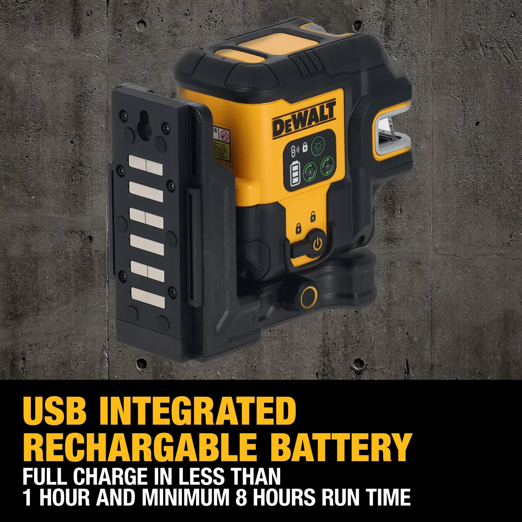 DEWALT laser level with USB rechargeable battery; full charge in under 1 hour and minimum 8 hours run time.