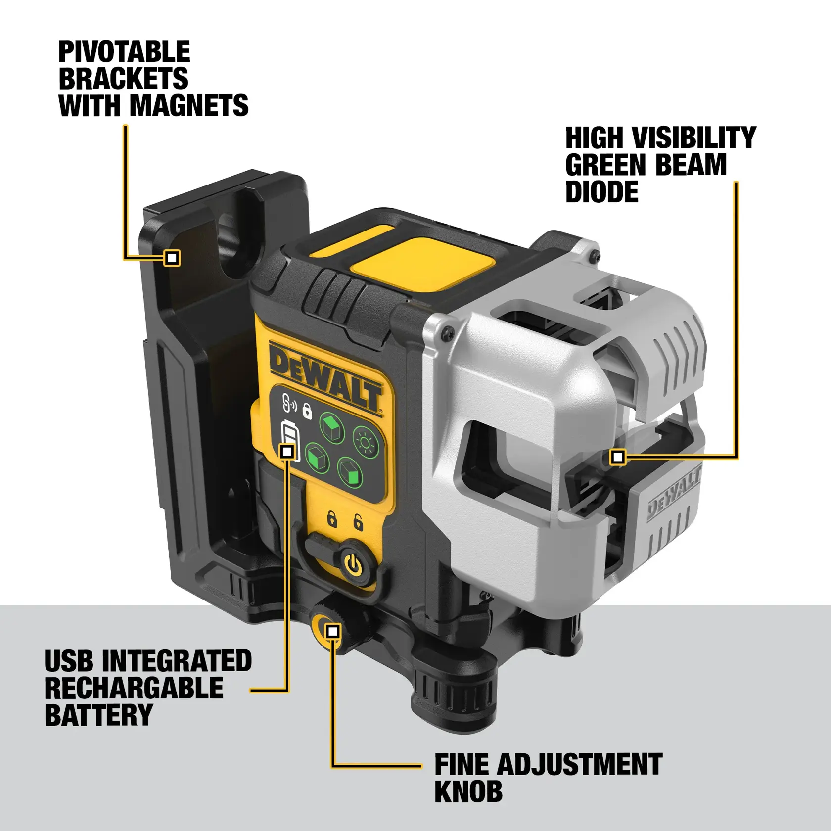 A DEWALT laser level device (SKU: DCLE14301GB) mounted on a metal frame inside a building under construction. The laser projects a green line across the room, while a person in safety gear works with tools along the line.