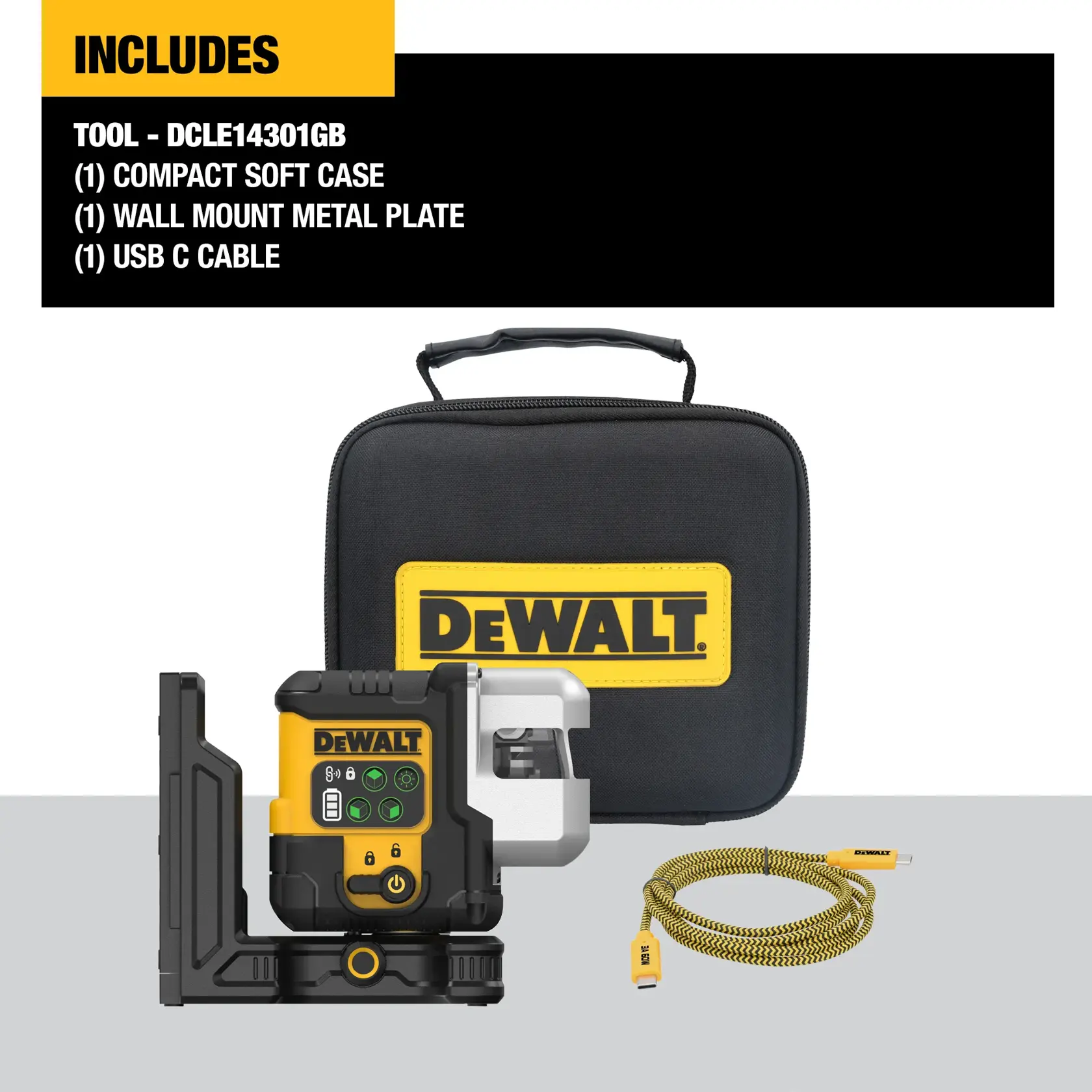 A DEWALT laser level device mounted on a tripod is in use at a construction site, projecting a green horizontal laser line. A person wearing a safety vest and helmet is working near a wall in the background.