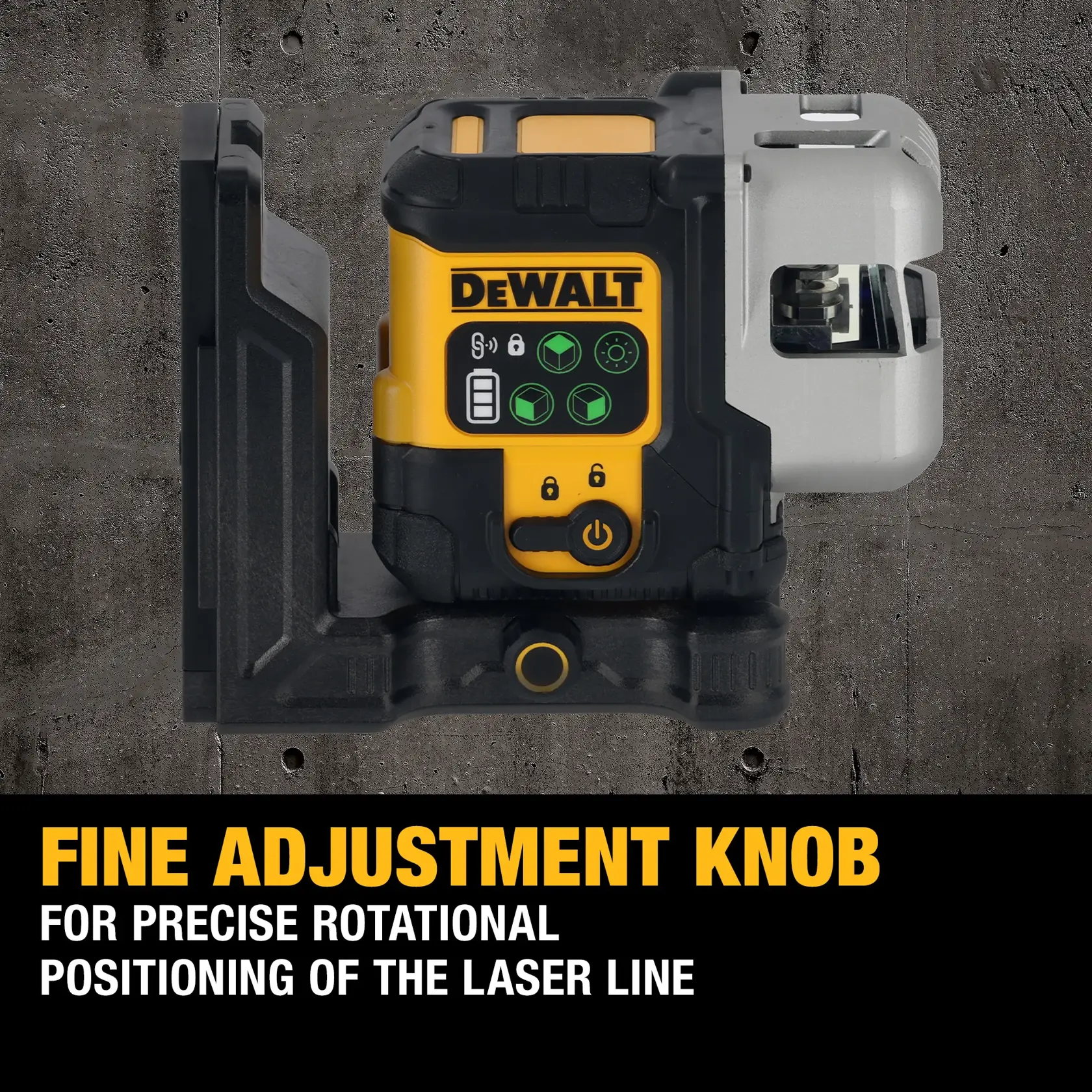 A person wearing safety gear uses a DEWALT laser level tool inside a wooden-frame construction site. The tool is projecting a green laser line onto the wall.