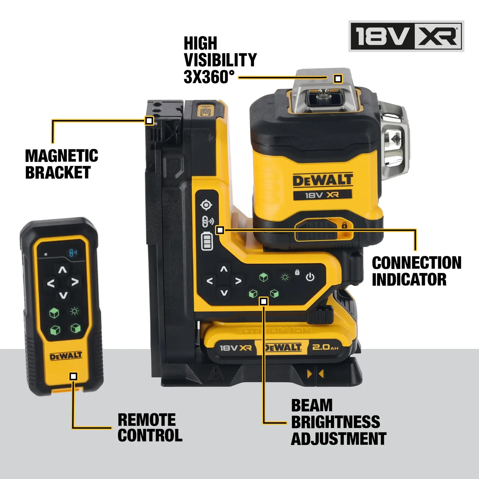 A DEWALT laser level tool (SKU: DCLE34035D1) is mounted on a metal beam inside a building under construction, projecting a