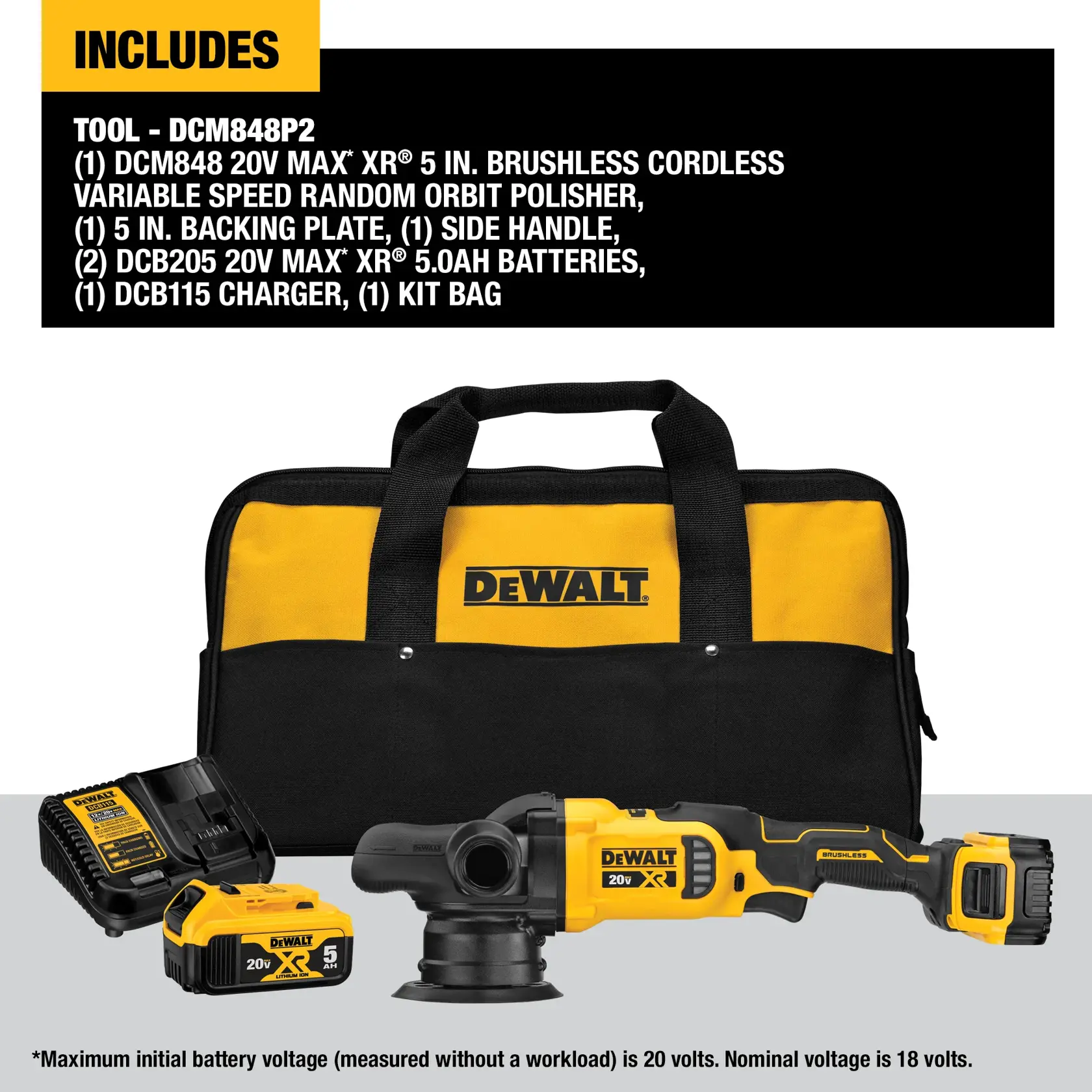 DEWALT 20V Max XR brushless cordless polisher with ergonomic handle, ideal for automotive professionals. Features include a speed range of 2,000-5,500 OPM, a 5-inch hook & loop pad, and a 2.1-inch orbit diameter.
