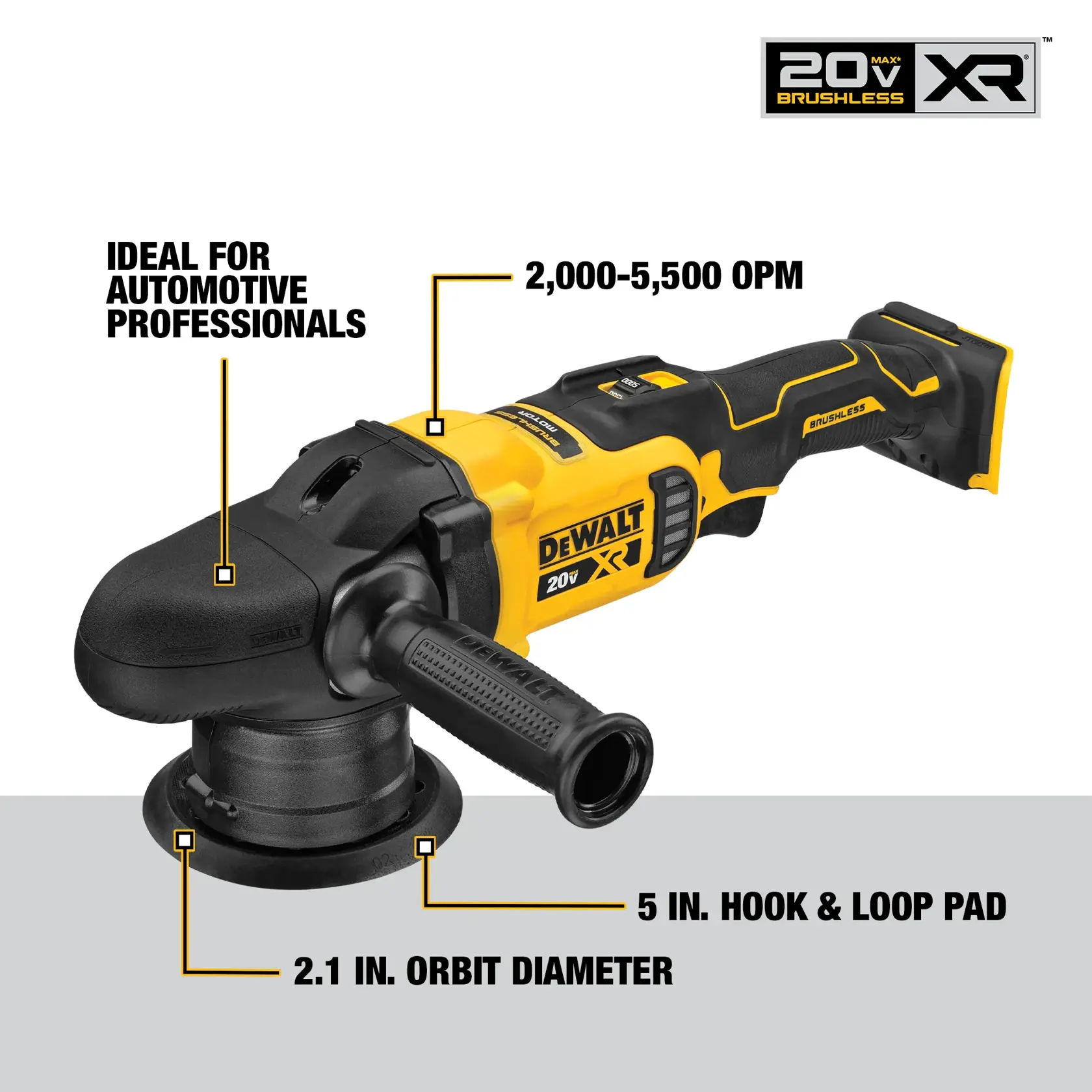 A person wearing gloves and a dark uniform is using a DEWALT DCM848P2 cordless polisher on a car surface. The image highlights the brushless motor feature and advertises up to 75% more runtime compared to brushed models.