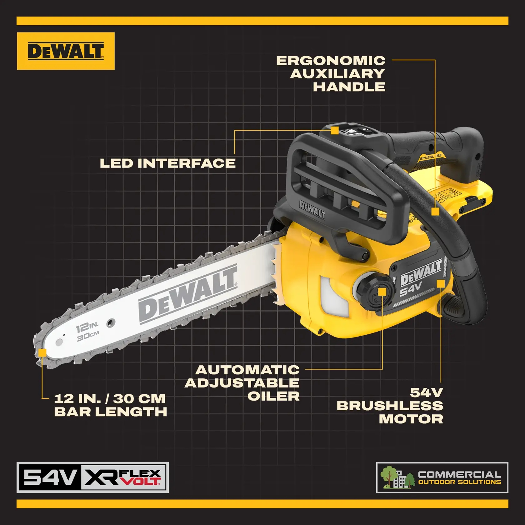 DEWALT 54V chainsaw with 12in bar, ergonomic handle, LED interface, adjustable oiler, and brushless motor.