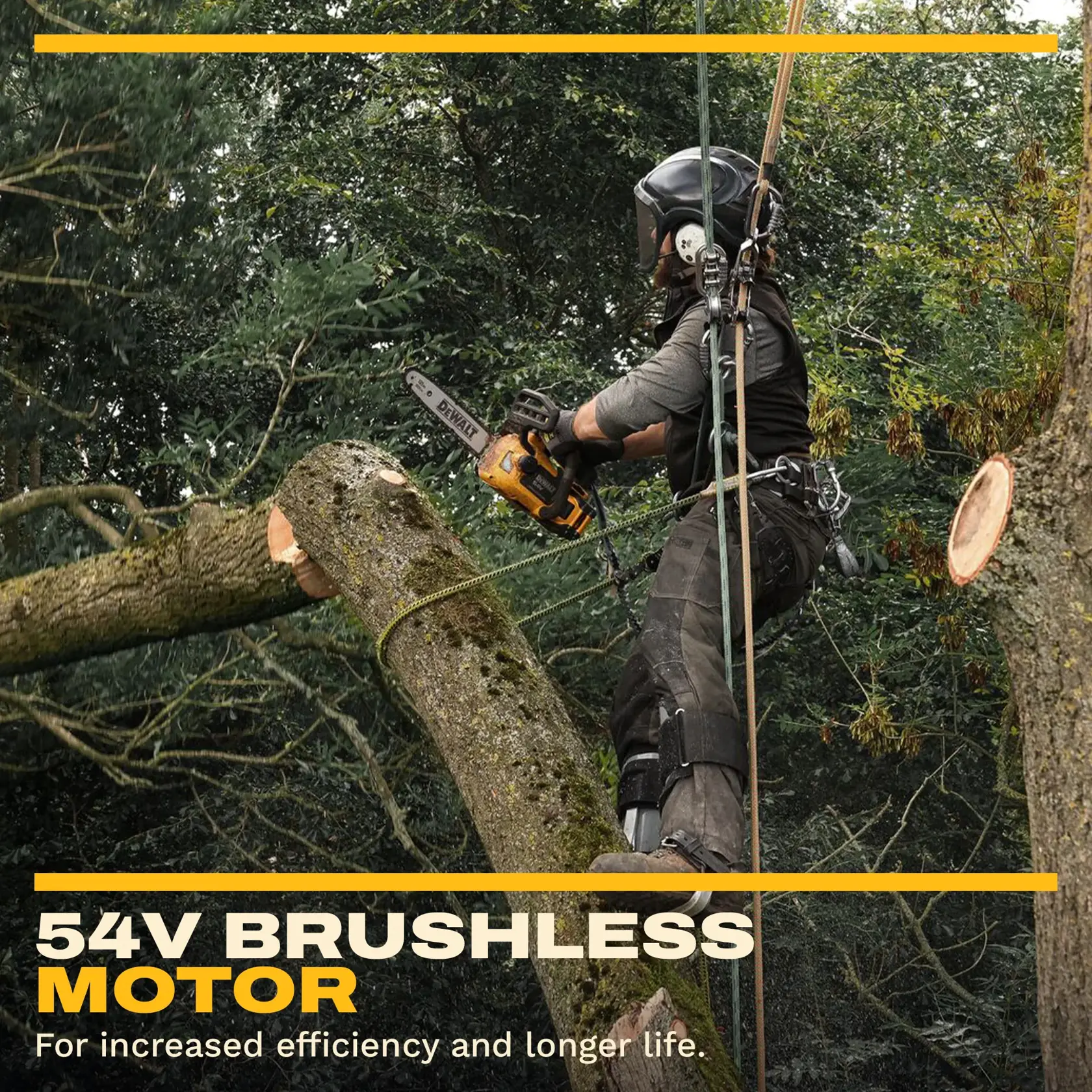 Worker uses DEWALT chainsaw to cut tree branch, highlighting 54V brushless motor for efficiency and long life.