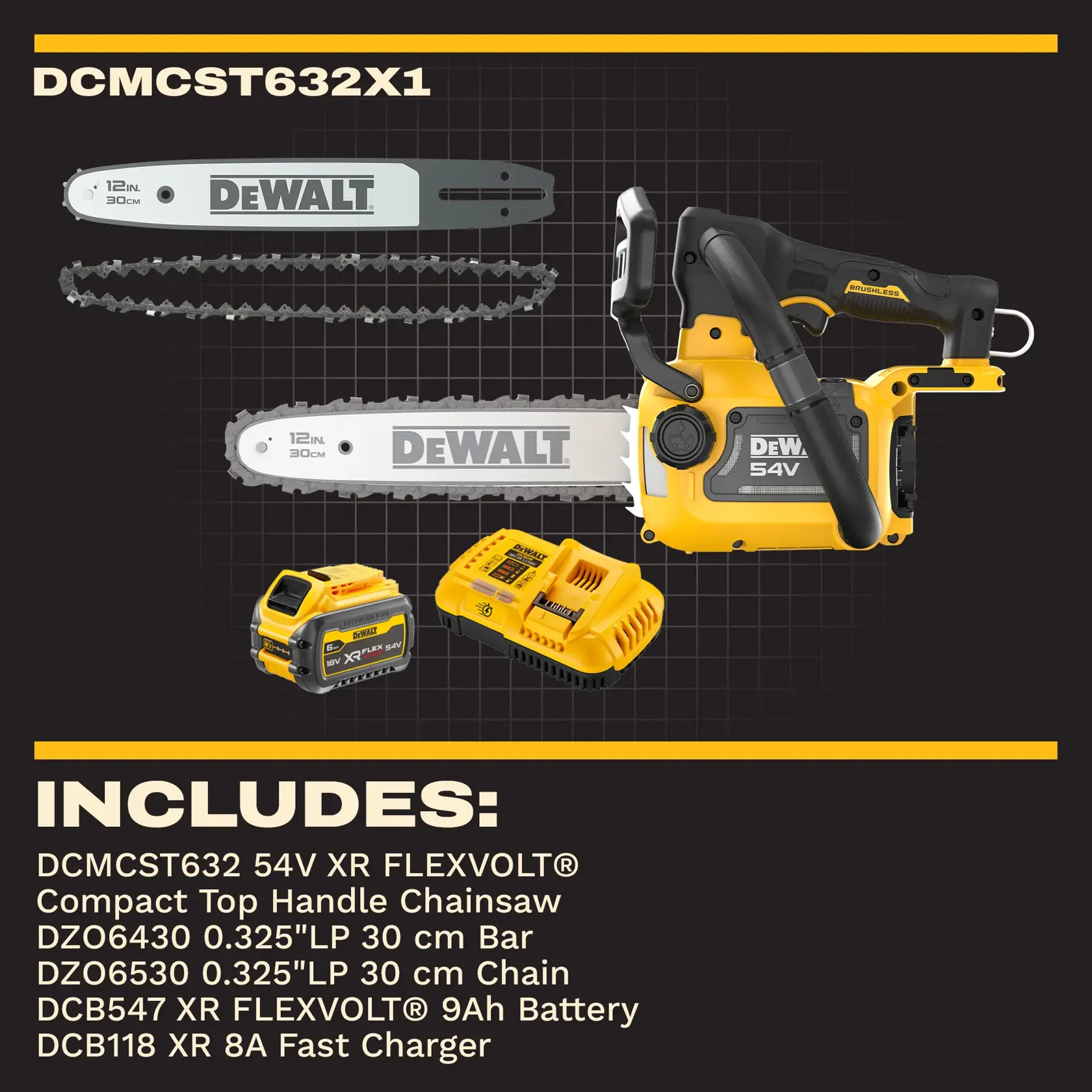 DEWALT DCMCST632X1, DCMCST632X1-QW chainsaw set with bar, chain, battery, and charger displayed on dark background.
