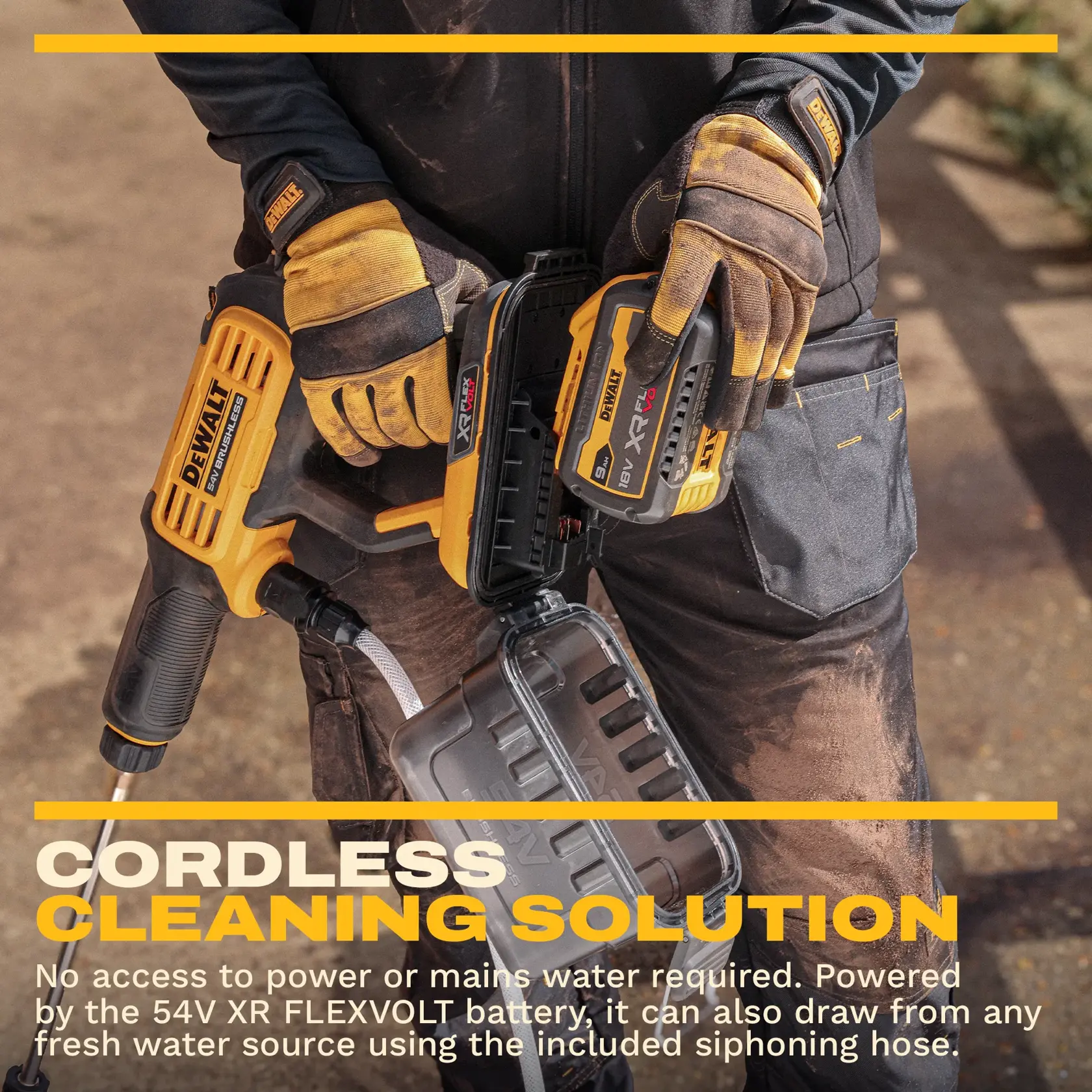 DEWALT DCMPW1000N cordless pressure washer held by a worker outdoors, shown with battery and siphoning hose.