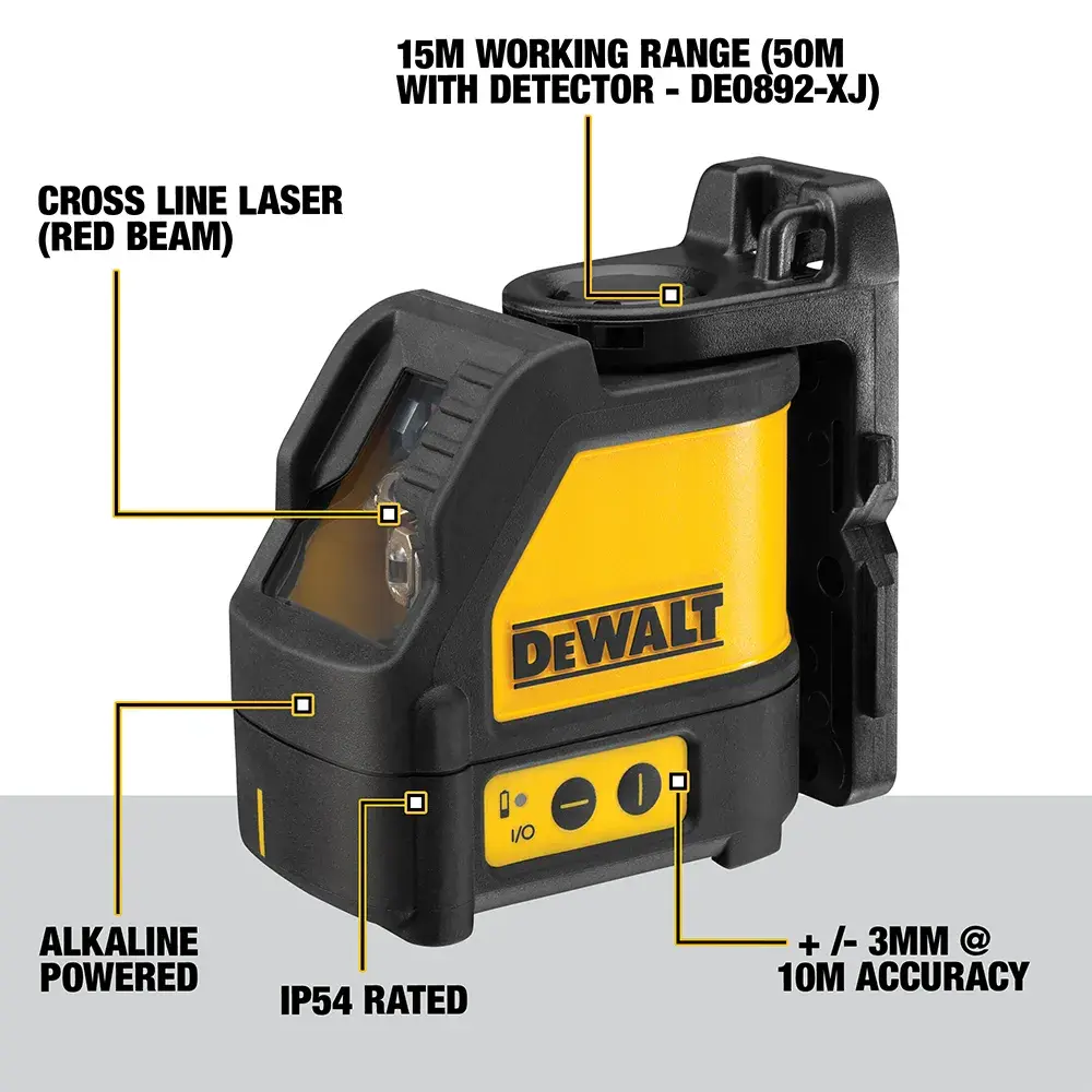 A DEWALT DW088K laser level is mounted on a metal column, projecting a red horizontal line across a construction site interior. In the background, a worker wearing a safety vest and helmet is aligning materials along the laser line.