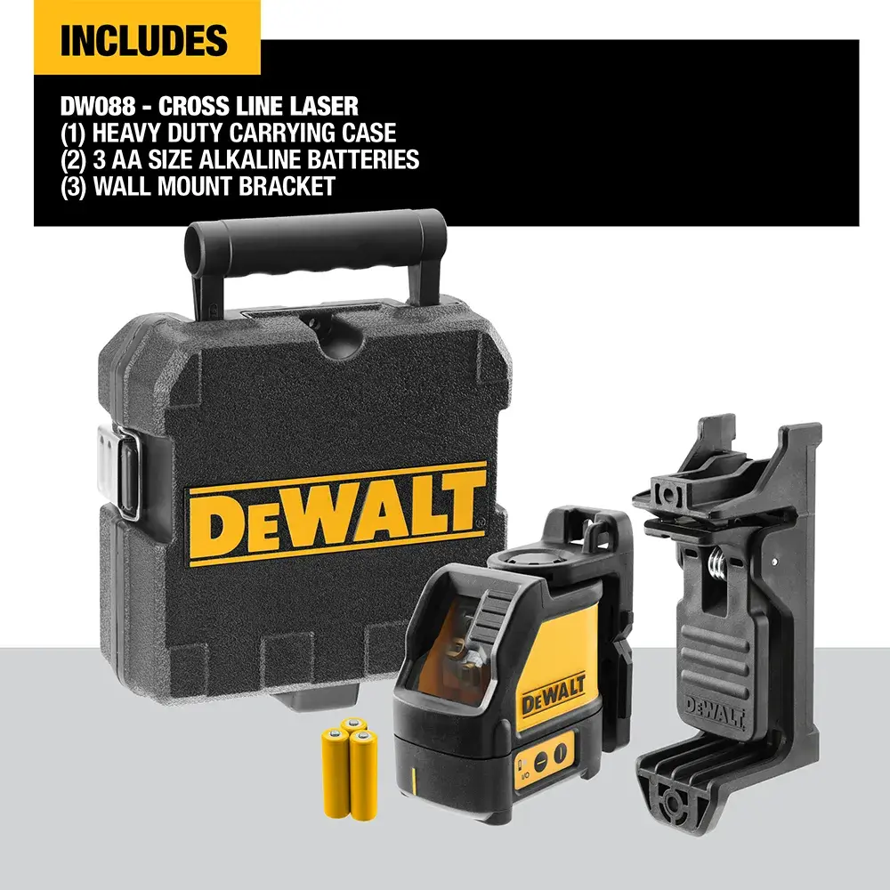 A DEWALT DW088K self-leveling cross line laser level placed on a construction site floor, projecting a visible red laser line used for alignment tasks.