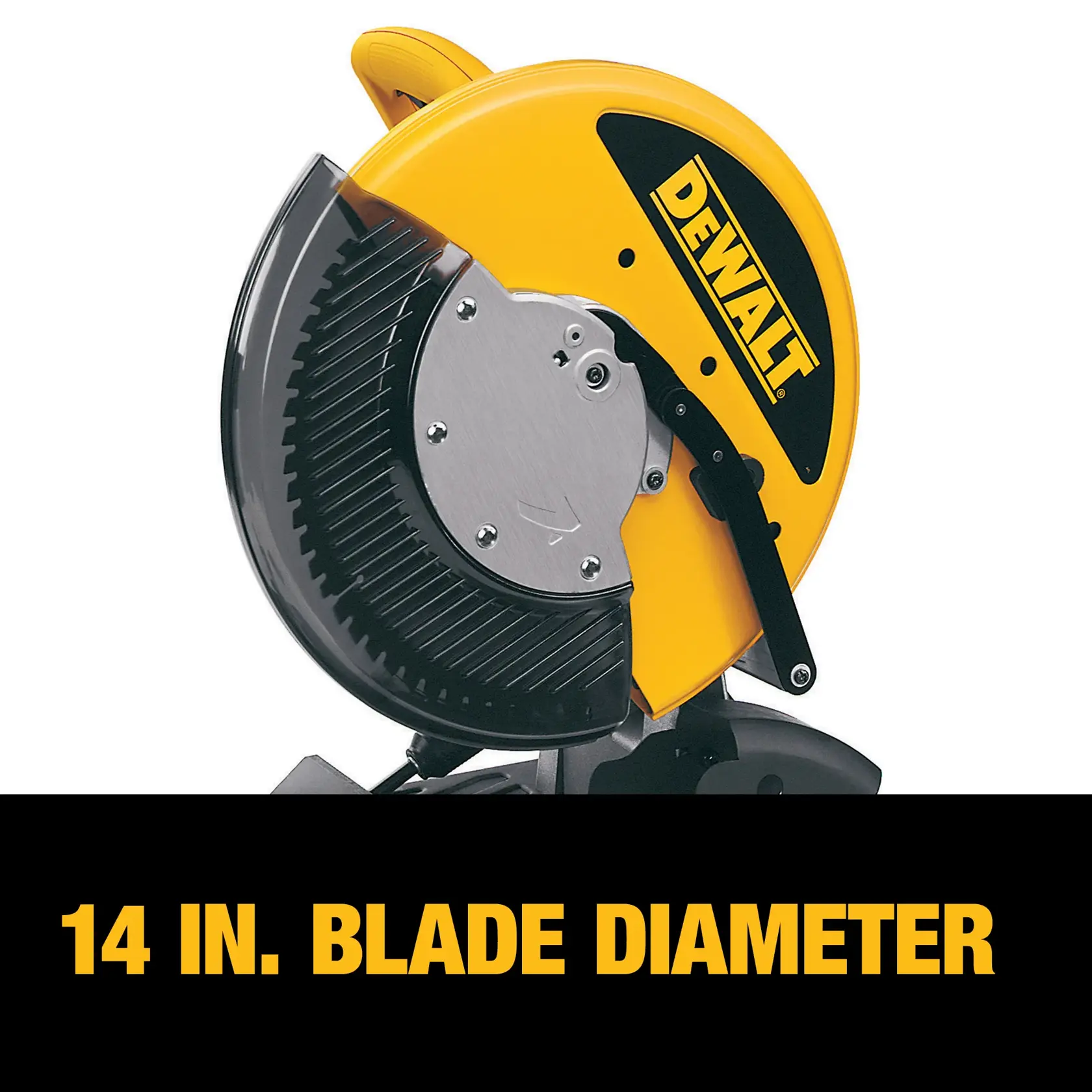 A DEWALT branded chop saw with a yellow casing and a 14-inch blade diameter. The saw is partially covered by a safety guard and the DEWALT logo is prominently displayed. The text at the bottom states '14 IN. BLADE DIAMETER.'