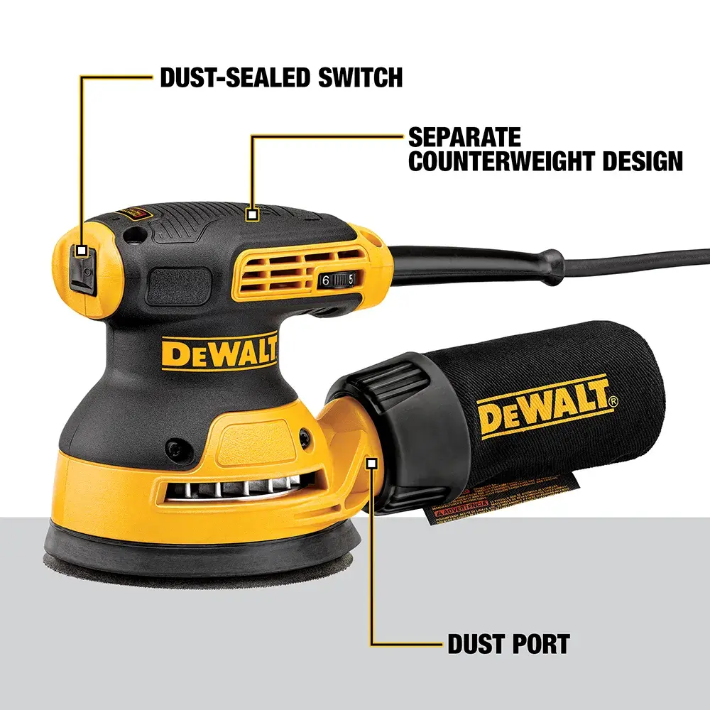 A DEWALT DWE6423 random orbital sander is shown with product features labeled. The sander is yellow and black, with a dust-sealed switch, a separate counterweight design, and a dust port attached to a dust bag.