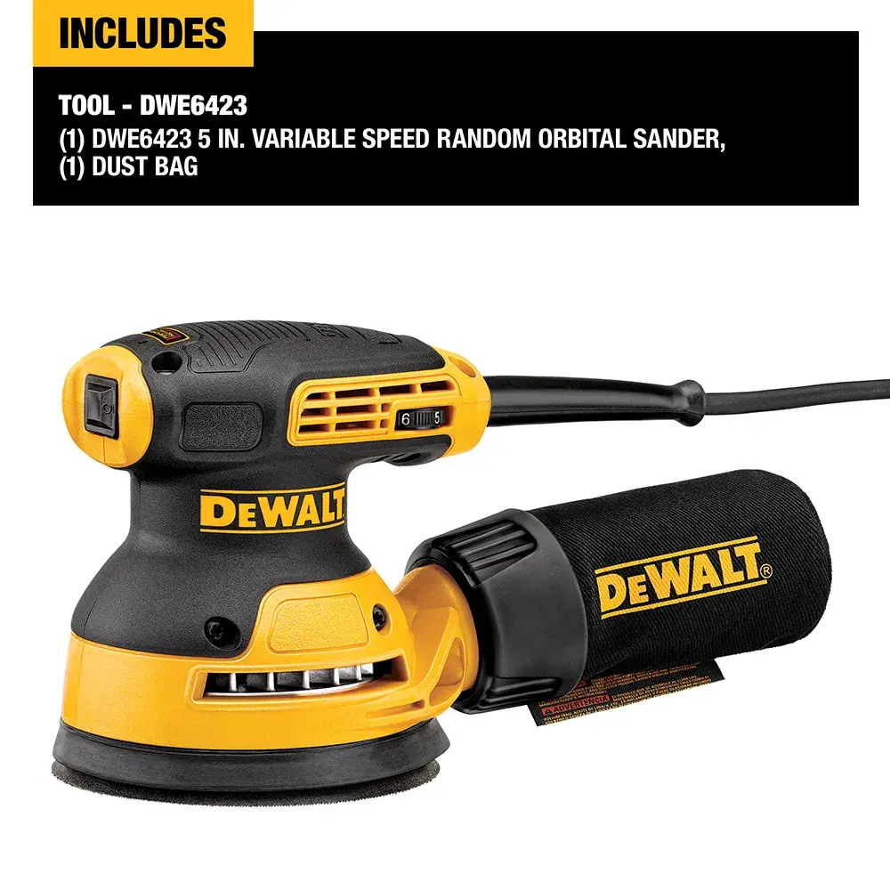 DEWALT DWE6423 5 inch variable speed random orbital sander with a dust bag attached, displayed on a white background with a list of included items.