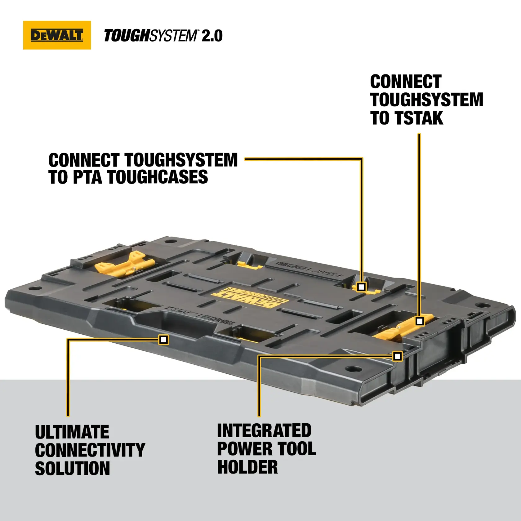 Une main place une perceuse sans fil jaune et noire DEWALT sur une pile de boîtes à outils DEWALT ToughSystem 2.0 dans un environnement de construction avec une structure en bois en arrière-plan.