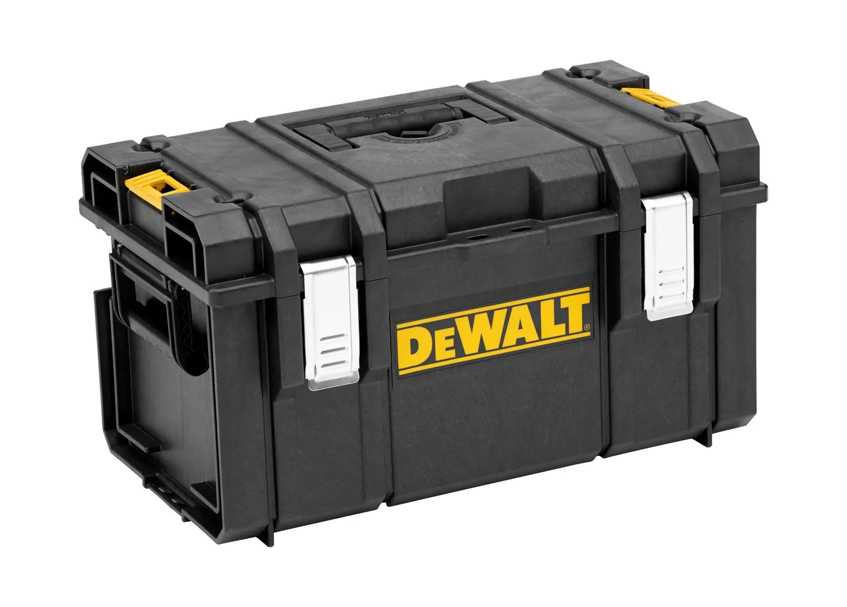 A black DEWALT tool storage box with yellow and silver latches, featuring the DEWALT logo on the front. The box is designed for durable storage and transport of tools.