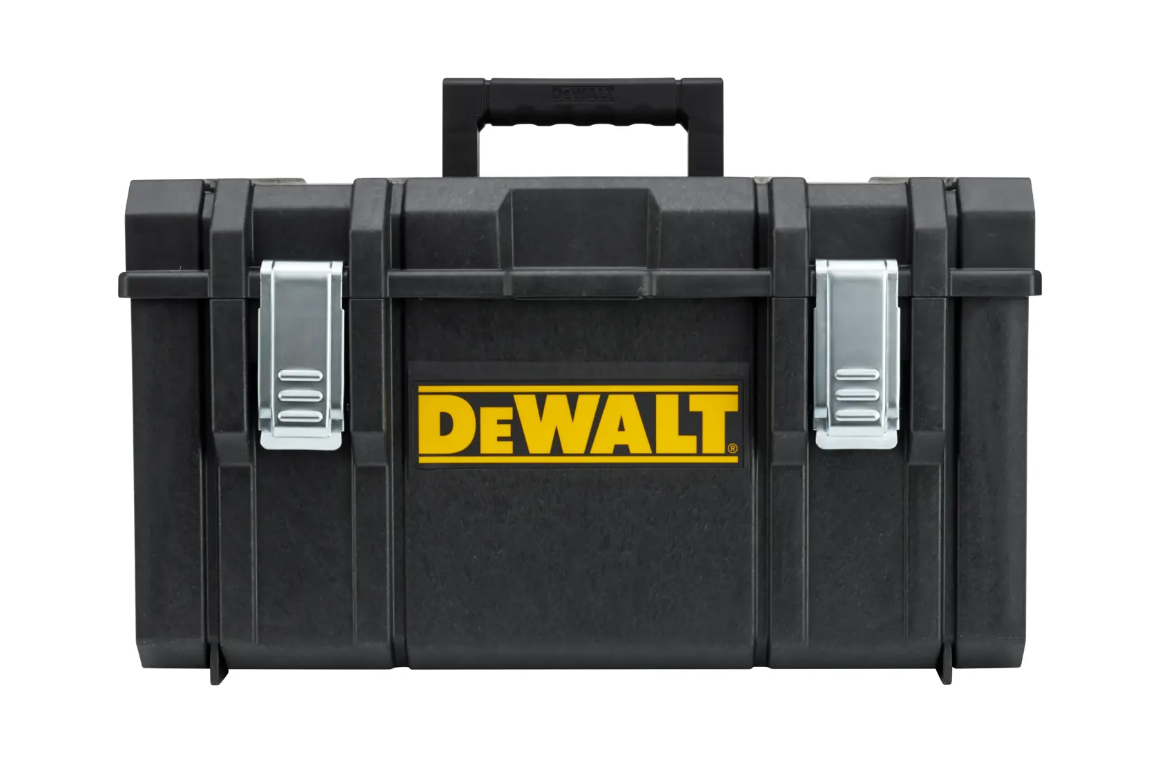 Front view of a DEWALT black plastic toolbox with metal latches and a central carrying handle.