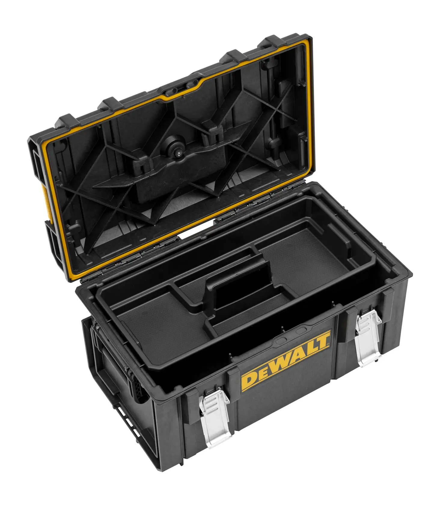 Black DEWALT tool box with an open lid, showing an inner tray for organizing tools and metal latches on the front.