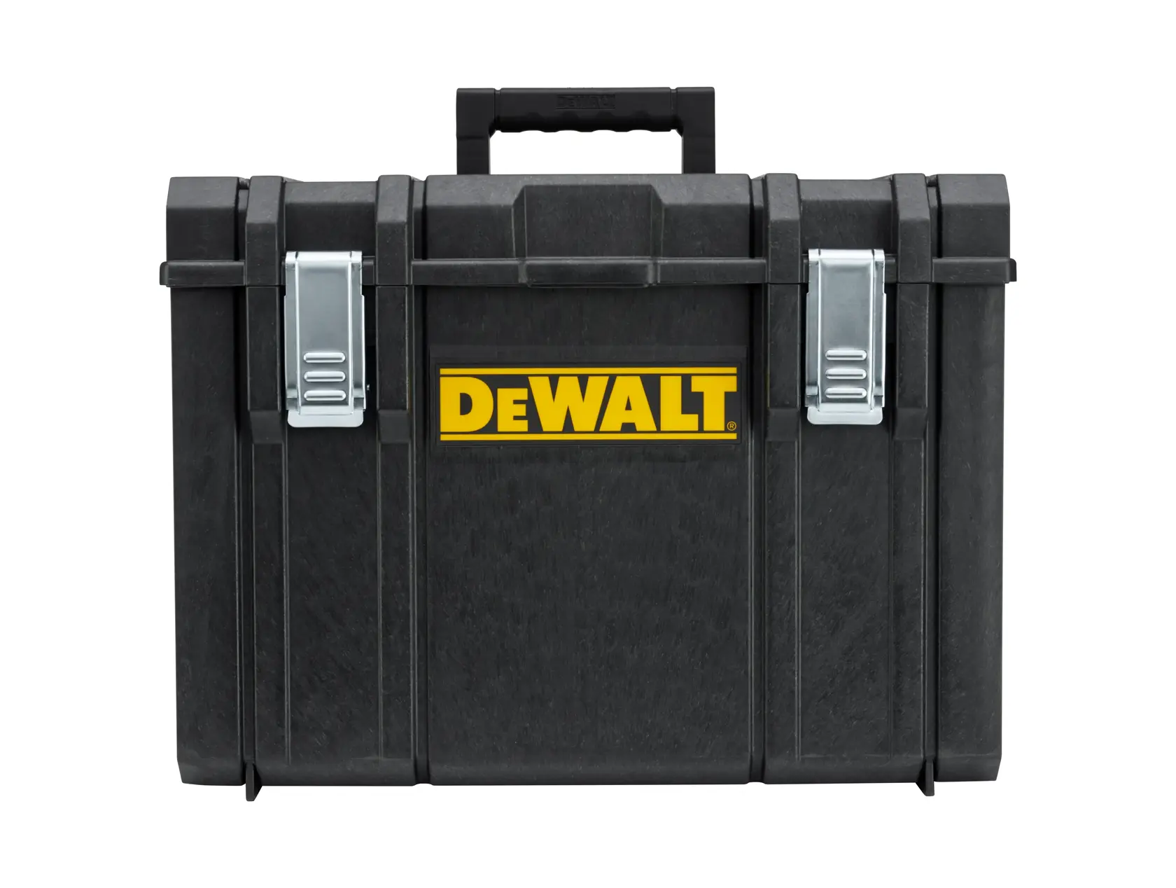 A black DEWALT toolbox with metal latches and a handle on top, shown against a white background.