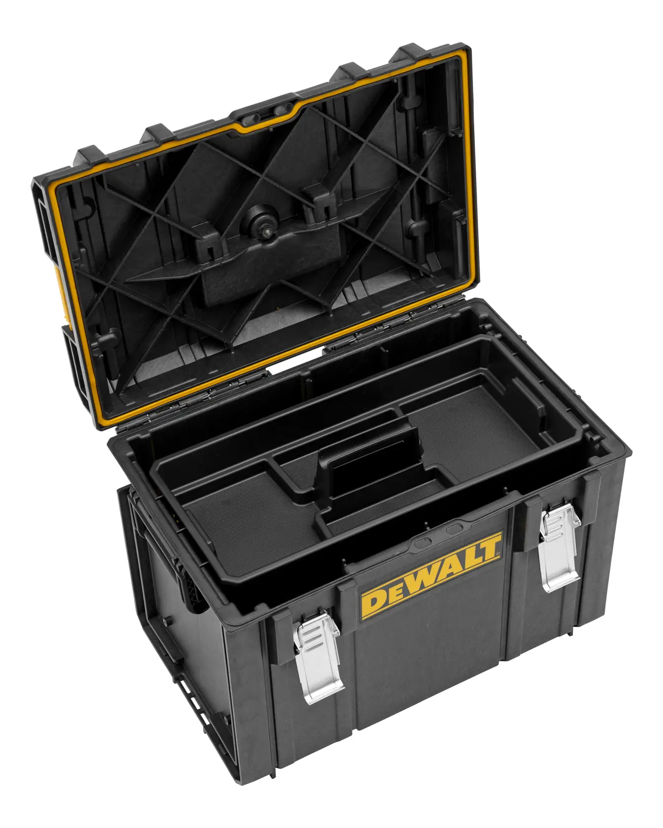 Open DEWALT black tool box with yellow accents, featuring metal latches and a removable tray inside.