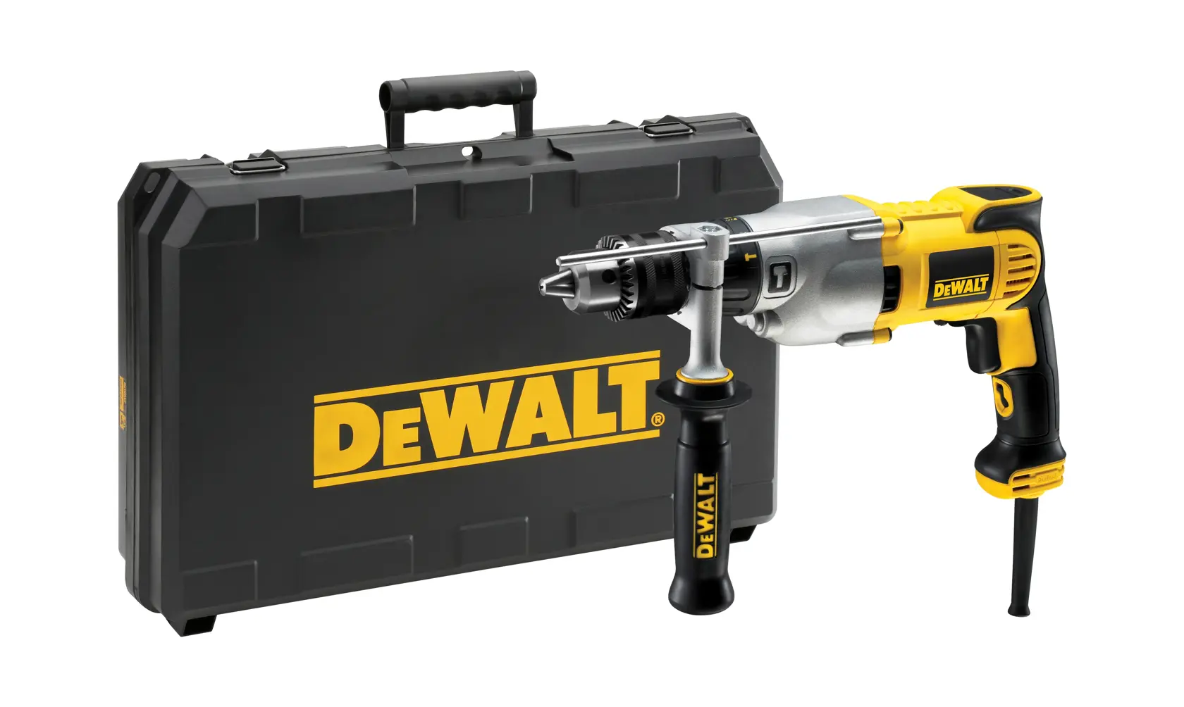 DEWALT corded drill with side handle, shown next to a black carrying case with yellow DEWALT logo.