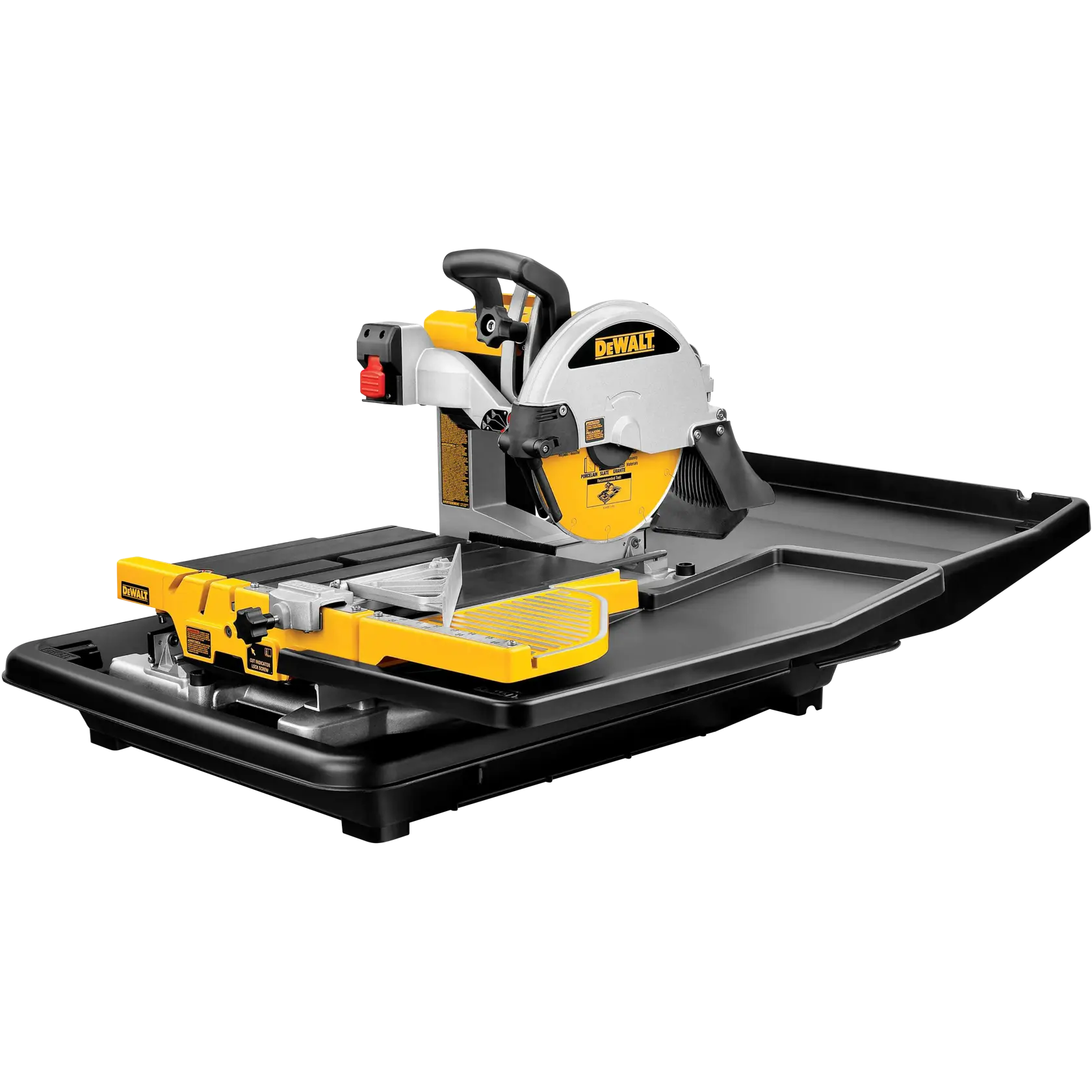 A DEWALT D24000 tile saw with a sliding table, yellow and black design, used for precise cutting of tiles.