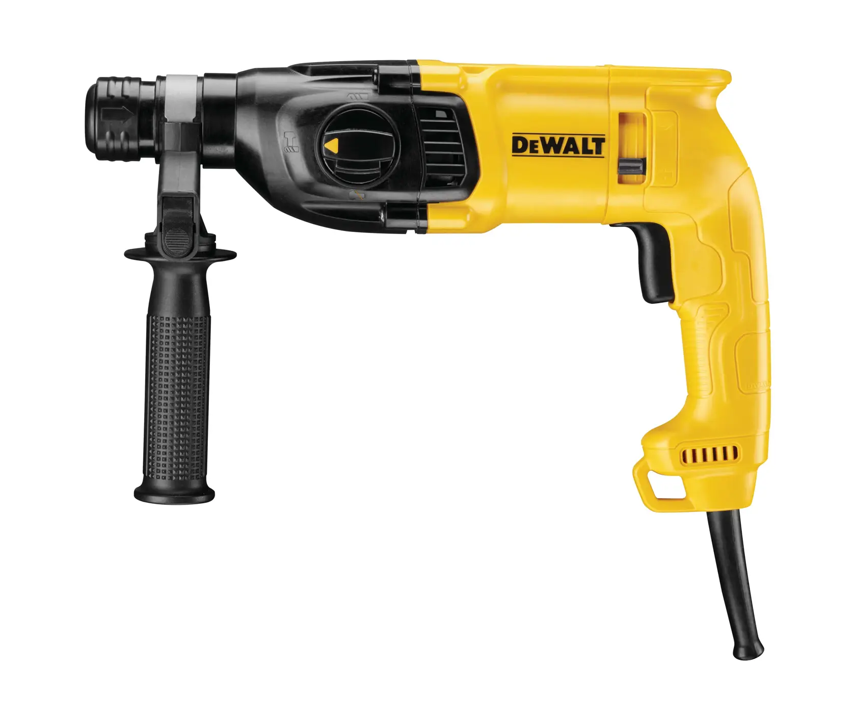 A yellow and black DEWALT corded rotary hammer drill with an auxiliary handle, shown against a white background.