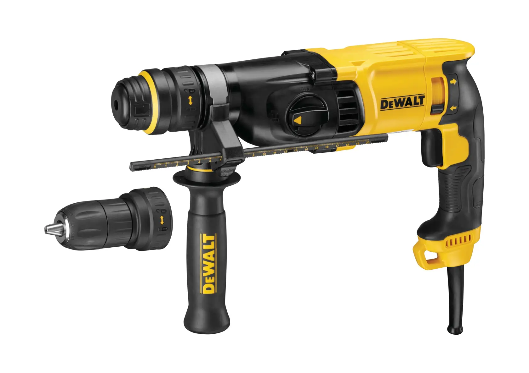 A DEWALT branded yellow and black rotary hammer drill with a side handle, depth rod, and an interchangeable drill chuck attachment.