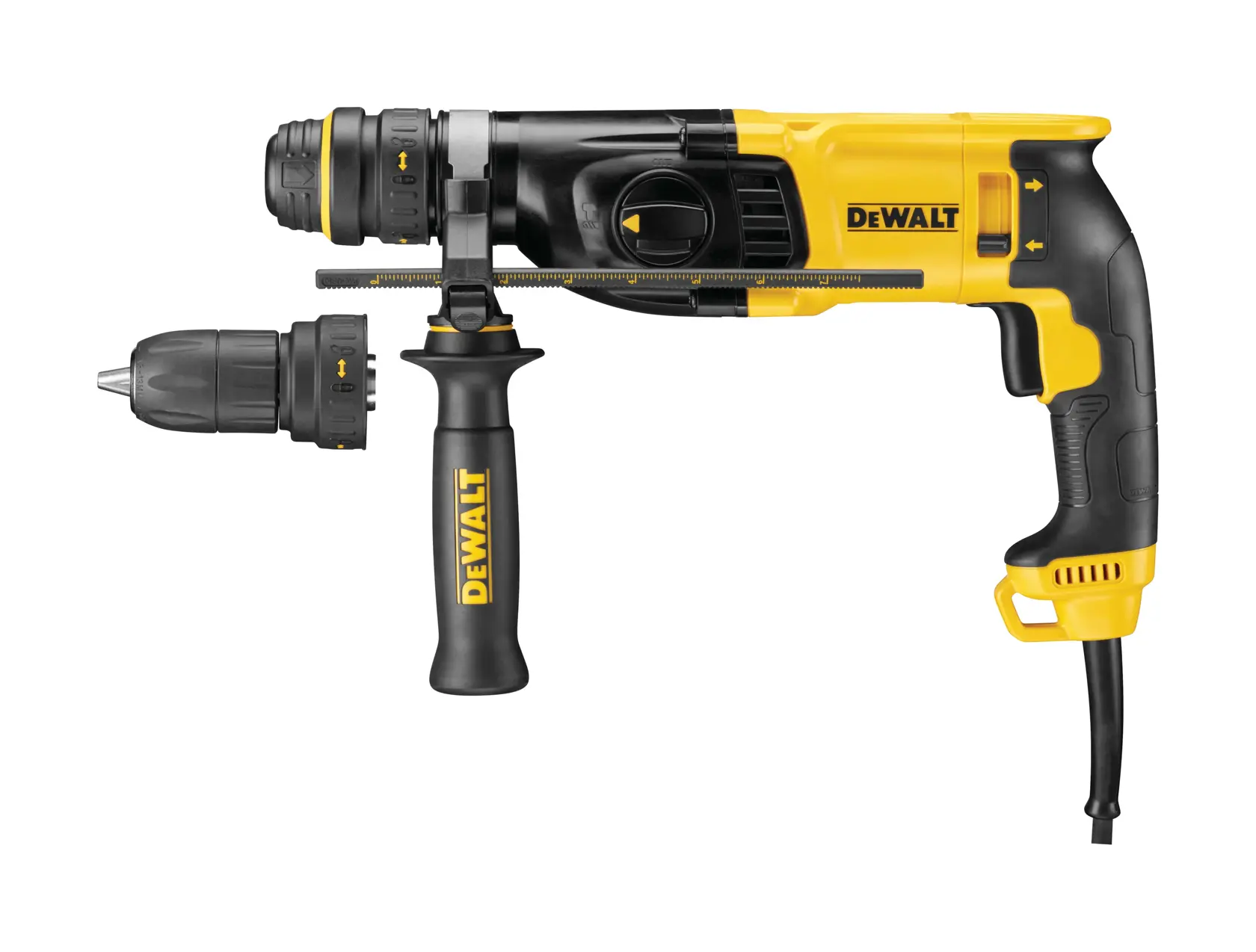 A yellow and black DEWALT corded rotary hammer drill with a side handle and detachable chuck, displayed against a white background.
