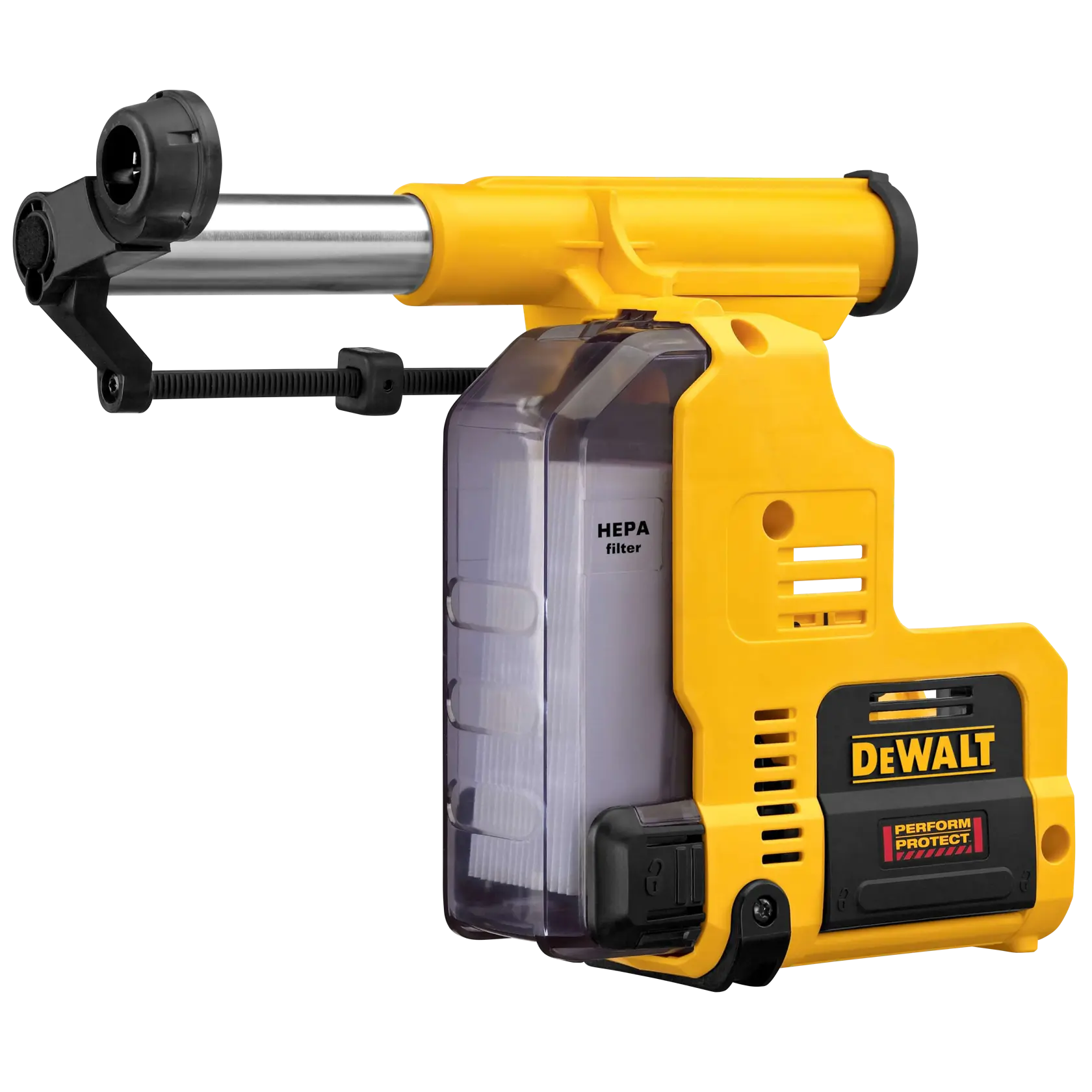 Gelbe und schwarze DEWALT D25303DH Staubabsaugung für Bohrmaschinen, ausgestattet mit HEPA-Filter und Klammermechanismus, entwickelt zur Staubsammlung beim Bohren.