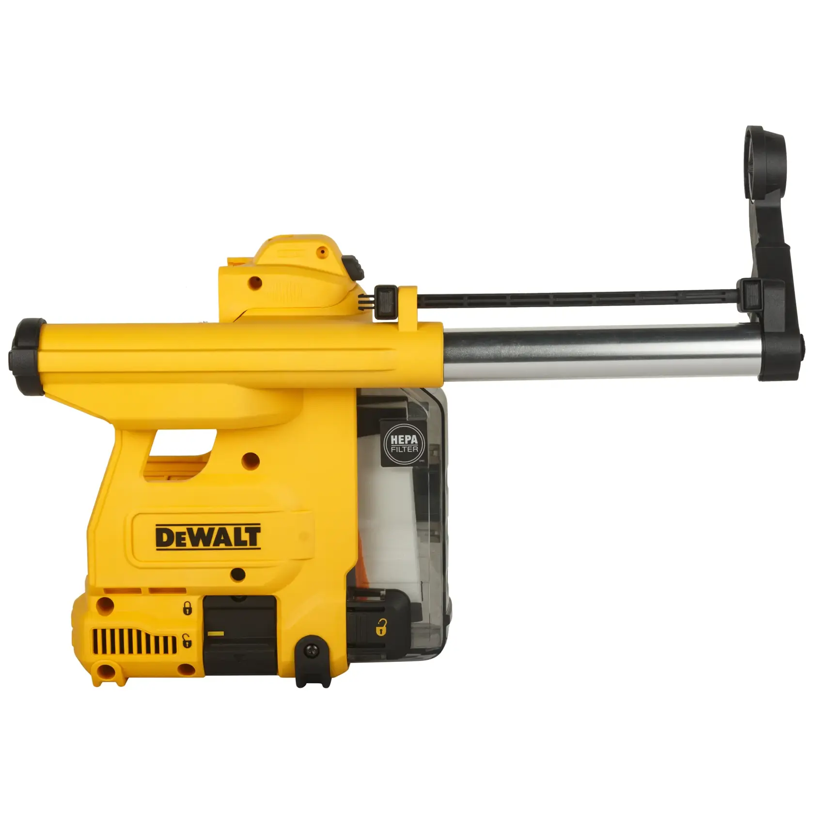 Gelbes DEWALT D25304DH Staubabsaugungsgerät mit HEPA-Filter für Elektrowerkzeuge, Seitenansicht.