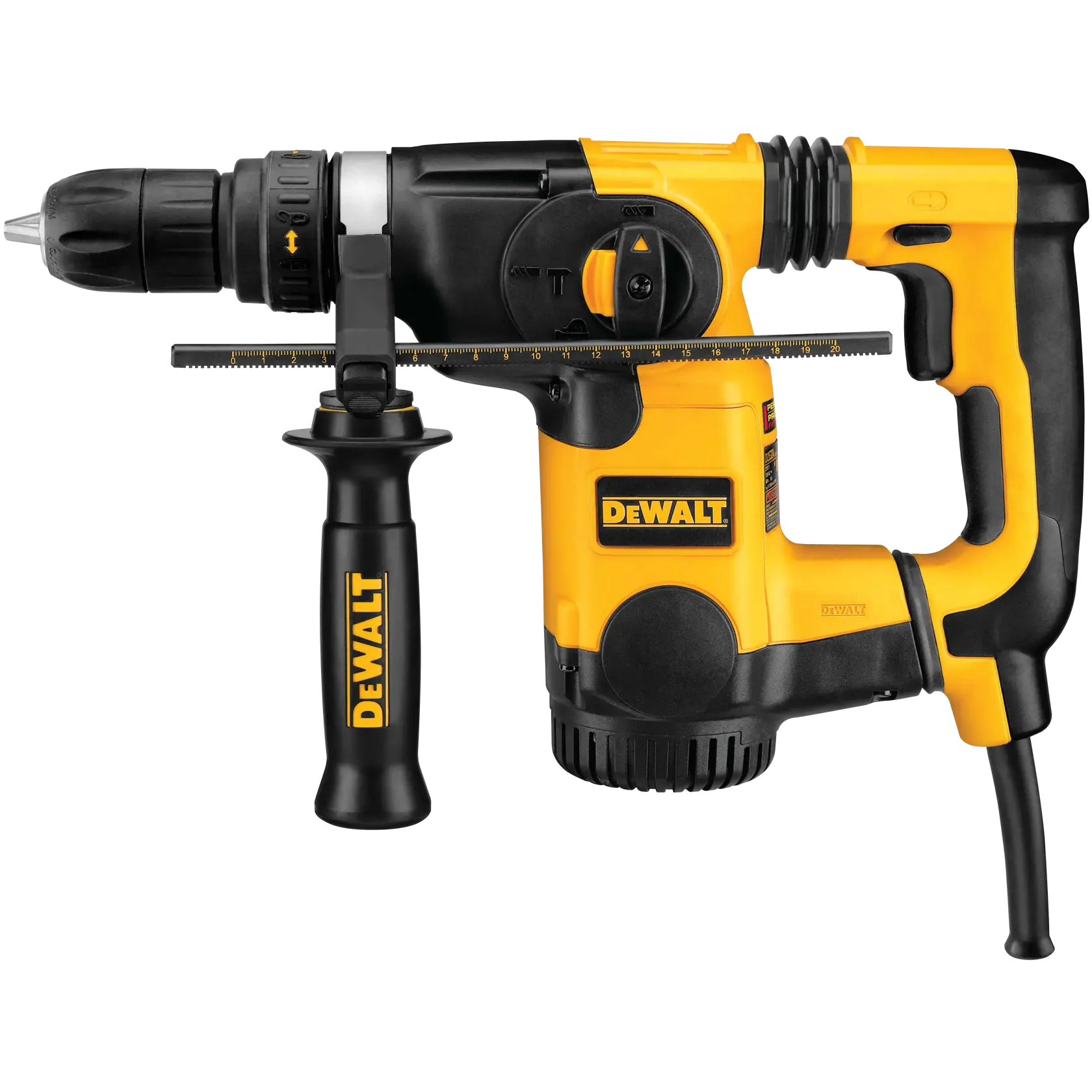 A yellow and black DEWALT rotary hammer drill with a side handle and depth gauge, shown against a white background.